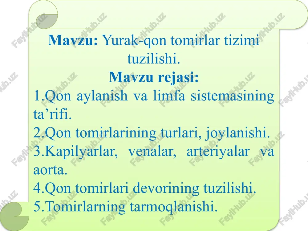 , bu qon tomirlar devorida elastik tolalar ko'p bo'lib, uni elastik turkumli qon tomirlar deyiladi. o'rta va kichik qon tomirlargacha bosim bir oz pasayadi. natijada, qonning yo'nalishi uchun qon tomiri devoridagi mushaklarning ham qisqarishiga ehtiyoj paydo bo'ladi. shu sababli, yurakdan uzoqroqda joylashgan o'rta va kichik qon tomirlarida silliq mushak qavati yaxshi taraqqiy etgan bo’lib, u mushak turkumidagi qon tomirlari deyiladi. qon tomirlarini a’zodan tashqarida joylashgan (ekstraorgan) va a’zo ichida yo'naladigan (intraorgan) qismlarga bo'lishimiz mumkin. bu bo'linish nisbiy bo'lib, asosan qon tomirlari uzluksiz bir-biriga davom etadi. a’zo ichidagi qon tomirlarini o'rganish natijasida ba’zi a ’zolar alohida bo'laklardan va undan ham kichikroq qism - segmentlardan tuzilganligini aniqlash mumkin. segmentar tuzilish o'pka, jigar, buyrak, taloq kabi a’zolarga mansubdir. segment deb nisbatan alohida qon bilan ta’minlanadigan a’zoning qismiga aytilib, operatsiya paytida butun a’zoni emas, balki a’zoning bir qismini (segmenting) qirqib olib tashlash imkonini beradi. arterial tomirlar birin-ketin mayda tomirlarga bo'linar ekan, nihoyat, eng mayda …