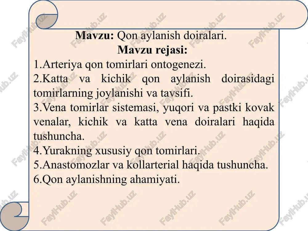 doiralaridan tashqari, uchinchi, ya'ni yurak qon aylanish doirasi ham bor. bu doira yurak arteriya va vena qon tomirlaridan tuzilgan. yurak devorining venalari to‘g‘ridan-to‘g‘ri yurakning o‘ng bo'lmachasiga quyiladi. qon tomirlar devorlarini o'ziga xos arteriya hamda vena qon tomirlari qon bilan ta'minlaydi. bundan tashqari, tomirlarning markaziy nerv sistemasiga aloqador nerv tolalari va oxirlari retseptorlari bo’ladi. retseptorlar tegishlicha qon tomirlar ishini tartibga solish vazifasini bajaradi. katta va kichik qon aylanish doirasidan tashqari, organizmda regionar qon aylanish ham mavjuddir. regionar qon aylanishni tushunish uchun esa mikrotsirkulyatsion qon aylanish bilan tanishish kerak. mikrotsirkulatsiya - bu qonning mikroskop ostida ko'rinadigan qon tomirlar ichidagi harakati. uning tarkibiy qismini arteriola, prekapillarlar, kapillarlar, postkapillarlar, venula tashkil etadi. yurak-cor muskuldan tuzilgan a’zo bo’lib , ko’krak qafasida joylashgan. yurak odam hayotining ohirigi daqiqasigacha hamma vaqt muttasil qisqarib, (sistola) va kengayib (diastola) turadi va butun organizmga qon yetkazib beradi. shunday qilib, yurak organizmdagi qon aylanish sistemasida muxim o’rin egallaydi va ma’rkaziy a’zolardan …