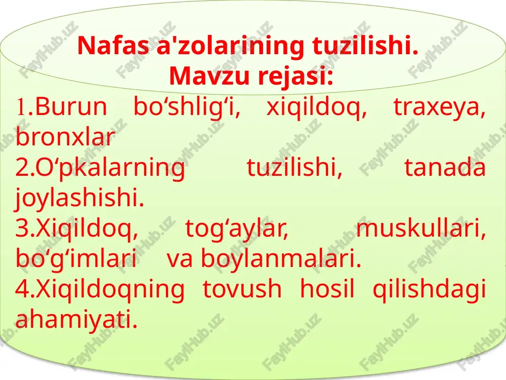 i bo'lib, oldinda tashqi burundan noksimon teshik orqali havo kirib, orqa tomonda joylashgan xona orqali hurun-hiqildoq yo'liga o'tadi. burun bo'shlig'i yuqoridan peshona suyagi, g'alvir suyakning (g'alvirsimon plastinkasi) va ponasimon suyaklar bilan chegaralanadi. burun bo'shlig'ini ikki yonbosh tomondan burun suyagi, tepa jag' suyagining tanasi bilan peshona o'siqlari, ko‘z yoshi suyagi, g'alvir suyak, pastki burun chig'anog'i, tanglay suyagining perpendikulyar plastinkasi, ponasimon suyakning o'siq plastinkalari chegaralab turadi. burun bo'shlig'ining pastki chegarasi tepa jag' suyagining tanglay o'sig'i bilan tanglay suyagining gorizontal plastinkalari qo'shilib qattiq va yumshoq tanglay hosil bo‘lishidan tashkil topgan. burun bo'shlig'i to'siq orqali ikkiga bo'linadi. uning oldingi qismida kesuvchi teshik bo'ladi. burun bo'shlig'i to'sig'i esa g'alvir suyakning perpendikulyar plastinkasi, dimog' suyagi va tepadan peshona suyagining, pastdan tepa jag' suyagi bilan tanglay suyaklari qirralarining o'zaro qo'shilishidan vujudga keladi. burun bo'shlig'i qon tomir va bezlarga boy bo'lgan shilliq qavat bilan qoplangan. bundan tashqari, burun bo'shlig'i shilliq qavatida kiprikli epiteliy ham bo'ladi. shuning uchun burun …