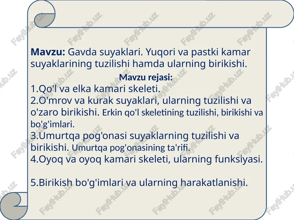 gi va pastki yuzalar (facies superior et inferior) hamda oldingi va orqa qirra (margo anterior et posterior) ga ega. to’sh suyagi quyidagi asosiy uchta qismdan tashkil topgan: dastasi ( manubrium sterni ) tanasi (corpus sterni) xanjarsimon o’sig’i (processus xyphoideus) to’sh dastasi (manubrium sterni) bo’yinturuq o’yig’i incisura jugularis – to’sh dastasining eng yuqori qismi markazida joylashgan o’mrov o’yig’i incisura clavicularis – juft tuzilma, dastaning yuqorigi yon tomonida joylashgan bo’lib o’mrov suyagining birikishi uchun xizmat qiladi. qovurg’a o’yig’i incisura costalis – ikkita yon tomonida nirinchi qovurg’a birikishi uchun butun, pastki qismida esa ikkinchi qovurg’a uchun yarim o’yiq. to’sh burchagi angulus sterni – to’sh tanasi hamda dastasining qo’shilishidan hosil bo’lgan. to’sh tanasi (corpus sterni) to’shning tashqi yuzasi (facies externa) – qavariq. to’shning ichki yuzasi (facies interna) – botiq. tananing boshidan oxirigacha ikki yon tomonida ii-vii gacha bo’lgan qovurg’alar tog’aylarining birikishi uchun o’yiqlar (incisura costalis)mavjud. 2-qovurg’a uchun yuqorida yarimta, 7-qovurg’a uchun esa pastda yarimta. …