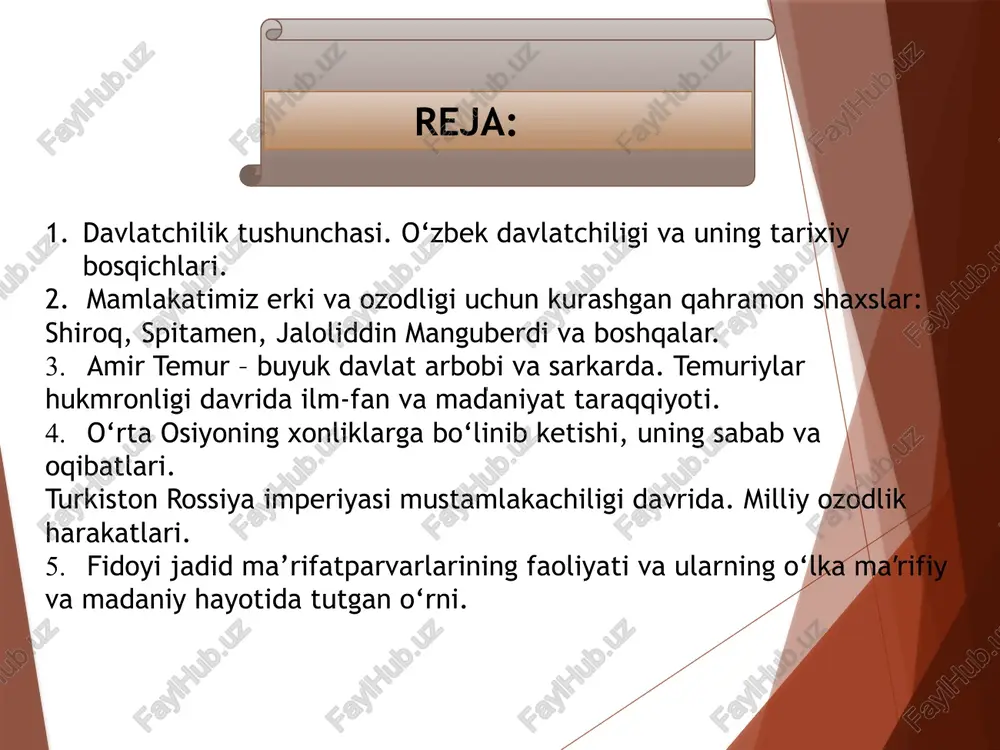 il ilmiy mulohazalar keltirgan. 3 o’zbek davlatchiligi tarixiga doir olib borilgan tadqiqotlar shaharlardagi arxeologik topilmalardan ayrimlarining yoshi 2500-3000 yildan kam emasligini isbotlab bermoqda. afrosiyob, ko‘ktepa, qiziltepa, uzunqir, yerqo‘rg‘on va boshqa qadimiy shaharlar shular jumlasiga kiradi. o‘zbekistonda dastlabki shaharlar shimoliy baqtriyada yuzaga kela boshladi, keyin so‘g‘diyona, xorazm va farg‘ona hududlariga tarqalgan. o’zbek xalqining davlatchilik tarixi borasida boshqa yozma manbalar, qadimgi eron bitiklaridan, yunon-rim tarixchilaridan gerodot, ktesiy, arrian, kurtsiy ruf, strabon va boshqalarning asarlaridan, o‘lkamizda arxeologik tadqiqotlar olib borgan tadqiqotchilarning asarlaridan qimmatli ma’lumotlar olish mumkin. baqtriya amudaryoning yuqori va oʻrta oqimidagi va hindukush tog'laridan shimolda joylashgan tarixiy davlat va hudud. avestoda "bayroqlar bilan o'ralgan ko'rkam baqtriya" deb atalga ushbu hudud zardushtiylik dinida oliy xudo ahura mazda yaratgan "o'n olti mukammal zaminlar"dan biri sifatida tilga olinadi. qadimda baqtriya ko'chmanchi turonliklarning bosqinlariga qarshi turgan kichik, mustaqil podsholik boʻlgan. mamlakatimiz erki va ozodligi uchun kurashgan qahramon shaxslar: shiroq - (yunon manbalarida sirak) (mil. av. 6-asr) …