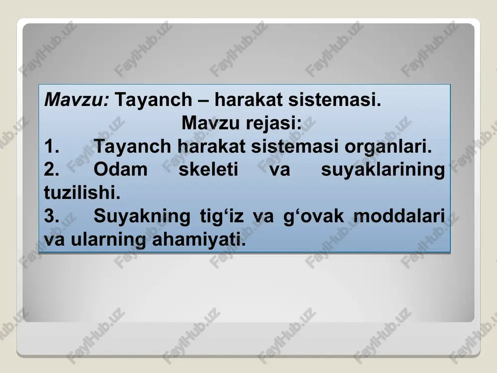 arida bo`g`im yuzalari bor. diafizni epifizga o`tish joyi metafiz deyiladi. yassi suyaklar himoya vazifasini bajarib, tana bo`shliqlarini hosil qilishda ishtirok etadi. (kalla qopqog`i suyaklari, chanoq, qovurg`alar va to`sh suyagi). g`ovak suyaklar ko`p qirrali shaklga ega. ularga kaft usti va tovon oldi suyaklari kiradi. aralash suyaklar turli xil tuzilishga ega qismlardan iborat. umurtqa tuzilish jihatidan g`ovak suyaklarga, ravog`i va o`siqlari yassi suyaklarga kiradi. havo saqlovchi suyaklar tanasida shilliq parda bilan qoplangan havo bilan to`la bo`shliq bo`ladi. ularga kallaning peshona, ponasimon, yuqori jag` va g`alvir suyaklari kiradi. har bir suyakning yuzasida muskullar, ularning paylari, fassiya, boylamlar boshlanadigan va birikadigan tepaliklar, do`nglar, o`siqlar bo`ladi. ularni apofizlar deb ataladi. harakat vazifasi: skelet suyaklari alohida guruhlarning o`zaro qo`shilishidan richaglar hosil etib, bo`g`imlarda mushaklar vositasida harakatga keladi. biologik vazifasi: suyaklar mineral tuzlar bo`lib ca, p, fe. va boshqa moddalarni saqlaydi. skelet hamma umurtqali hayvonlarda ham embrion takomil etish davrining boshlanishida entodermadan paydo bo`lgan, orqa to`rni o`rab …