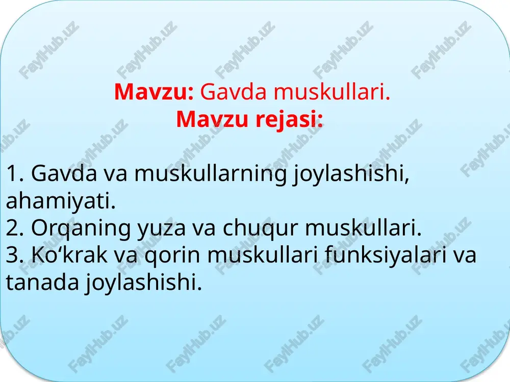 (bo‘laklar) shaklida boshlanib, kurakning medial chetiga yopishadi. funksiyasi. muskul qisqarib kurakning pastki burchagini oldinga buradi va qo’lni yuqoriga ko‘taradi. qo'l qimirlamay turganda qovurg'alar ko’tarilib, nafas olish yengillashadi. qovurg‘alararo tashqi muskullar.qovurg'alararo tashqi muskullarning tolalari yuqoridan pastga va orqadan oldinga yo'nalgan bo’lib, yuqori qovurg'a pastki chetining tashqi yuzasidan boshlanadi va pastki qovurg'aning yuqori chetiga yopishadi. bu xildagi muskullar umurtqa pog'onasi bilan qovurg'aning tog'ay oralig'ida joylashgan bo'ladi. funksiyasi. qisqarganda qovurg`alarni ko`tarib, nafas olishda ishtirok etadi. qovurg'alararo ichki muskullar-qovurg'a oralig'ining to'sh suyagi bilan qovurg'a burchagi o'rtasidagi masofani to'ldirib turadi. muskul tolalari pastdan yuqoriga va oldindan orqaga yo'nalgan. ichki qovurg'alar muskuli qovurg'aning ustki chetidan boshlanib ustki qovurg'aning pastki chetiga yopishadi. funksiyasi. qisqarganida qovurg`alarni tushiradi va nafas chiqarishda ishtirok etadi. qovurg`a osti muskullari. x-xii qovurg`alarning burchagi yaqinidan boshlanib, yuqori va tashqariga yo`naladi bu muskul bitta ikkita qovurg`a tashlab, yuqoridagisiga birikadi. qisqarganida qovurg`alarni tushurib nafas chiqarishda ishtrok etadi. ko`krakning ko`ndalang muskuli - to`sh suyagi tanasining pastki qismi …