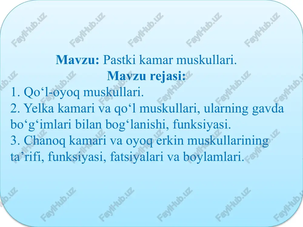 . yelka bo'g'imi kapsulasini tortadi. yelka muskullari uzun muskullardan iborat bo'lib, joylashishiga ko'ra old va orqa guruhlarga ajratiladi. yelkaning oldingi tomonidagi muskullar yelkaning ikki boshli muskuli teri ostida yaqqol ko'rinadi. uning uzun boshi kurak suyagi bo'g'im yuzasi tepasidagi g'adir-budurdan boshlanib, uzun payi yelka bo'g'imi bo'shlig'idan o'tadi, g'adir-budur qirralari oraliq egatchada sinovial qin bilan o'ralgan bo'ladi: kalta boshi kurakning tumshuqsimon o'sig‘idan boshlanib, ikkala boshi qo'shiladi, so'ngra bilak suyagining g'adir-buduriga va bilak fassiyasiga pay bo'lib yopishadi. bilak g'adir-buduri bilan muskul payi oralig'ida joylashgan. kichik yumaloq muskul-kurak suyagining lateral qirrasi va kurak osti chuqurcha fassiyasidan boshlanib, yelka suyagining katta do'mbog'iga yopishadi. funksiyasi. yelkani tashqi tomonga aylantiradi. yelka bo'g'imi kapsulasini tortadi. katta yumaloq muskul-kurak qirrasining pasti va pastki burchagidan boshlanib, yelka suyagining kichik do'mbog'i g'adir-buduriga yopishadi. funksiyasi. qo'lni pastga va orqaga tortib, tanaga yaqinlashtiradi. bilak muskuli 2 guruxga bo’linadi: 1.oldingi gurux muskuli. (yuza muskullar) 2.orqa gurux muskuli (chuqur muskullar) 1. 1)bilakni ichkariga buruvchi yumaloq …