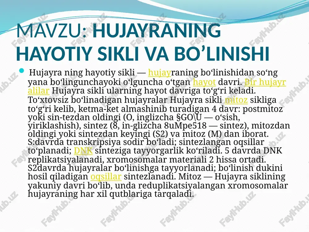rgarlik koʻrish uchun hujayra tarkibini qayta tartibga soladi. g\[_2\] fazasi mitoz boshlanishi bilan yakuniga yetadi. g \[ _1 \], s va g \[ _2 \] bosqichlari birgalikda interfaza deb nomlanadi. inter- prefiksi interfazaning ikkita mitotik (m) fazalar oʻrtasida sodir boʻlishini aks ettirib, oʻrtasida degan maʼnoni anglatadi. meyoz (yun. meiosis — kamayish) — hujayra yadrosining xromosomalar sonining 2-marta kamayishi (reduksiya) orqali boradigan boʻlinishi. jinsiy koʻpayadigan oʻsimlik va hayvonlar uchun xos (qarang jinsiy koʻpayish). meyoz — irsiyat va oʻzgaruvchanlikning asosiy mexanizmi. meyoz urugʻ va tuxum hujayra hosil qiluvchi hujayralar — spermatsit va ovotsitlarning ketma-ket ikki marta boʻlinishi (1- va 2- meyoz)dan iborat. har bir meyoz boʻlinish mitoz singari 4 faza: profaza, metafaza, anafaza, telofazadan iborat. 1-meyoz profazasida gomolog xromosomalar konʼyugatsiyasi (oʻzaro chalkashuvi) va krossingover (gomologik xromosomalar oʻxshash qismlari oʻrtasida genlar almashinuvi) sodir boʻladi. shundan soʻng mitoz profazasidagi singari xromosomalar spirallashuvi boshlanadi; yadro membranasi va yadrocha yemirilib, boʻlinish duki hosil boʻladi. 1-meyoz metafazasida …