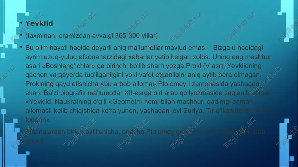 riyasi nomi bilan ma’lum bo‘lgan geometriya fanining asosi hisoblanadi. «boshlangichlar»ning geometriyaga doir bo‘limlari o‘zining mazmuni jihatidan va material bayon etishdagi qat’iyligi jihatidan geometriyaning hozirgi maktab darsliklariga mos keladi. u fazoning metrik xususiyatlarini bayon qiladi va hozirgi zamon fanida yevklid fazosi deb ataladi. • yevklid fazosi, galiley hamda nyutonlar tomonidan asos solingan mumtoz fizika hodisalarining namoyon bo‘lish arenasi hisoblanadi. bu fazo bo‘sh, cheksiz va izotrop bo‘lib uch o‘lchamga ega. yevklid fazoda atomlar harakatini ilgari suruvchi g‘oyalariga asoslangan o‘ziga xos fazo geometriyasini yaratdi. undagi eng soda geometrik obyekt bu – nuqta bo‘lib, yevklidga ko‘ra nuqta tomonlarga ega emas va bo‘linmas hisoblanadi. • fazoning cheksizligi uchta postulatlar bilan ifodalanadi: • «har qanday ikki nuqta orasidan to‘g‘ri chiziq o‘tkazish mumkin»; • «kesmani har ikki tarafga cheksiz davom ettirish mumkin»; • «har qanday markaz orqali aylana chizish mumkin» • yevklidning yana bir qisman saqlanib qolgan matematikaga oid asari ma’lum bo‘lib, unda olim eng katta umumiy …