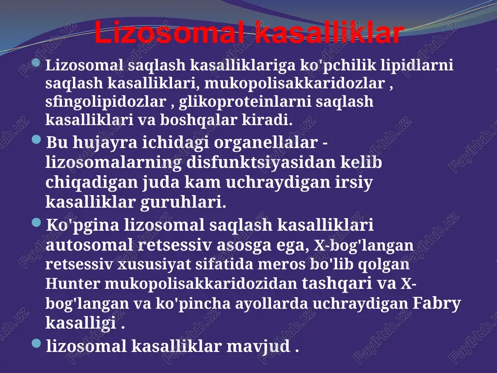 likka chalingan yangi tug'ilgan chaqaloqlar birinchi olti oyda an'anaviy tarzda rivojlanadi. olti oyda jismoniy va aqliy rivojlanish orqaga suriladi. bola eshitish va yutish qobiliyatini yo'qotadi. qattiq, tikilgan nigoh rivojlanadi. bola befarq bo'lib, faqat baland tovushlarga ta'sir qiladi. keyinchalik ular ko'r va kar bo'lib qoladilar. aqliy rivojlanish buziladi, bosh kattalashadi. konvulsiyalar paydo bo'ladi, mushaklar atrofiyasi va falaj rivojlanadi. o'lim to'rt yoshdan oldin sodir bo'ladi. niemann-pik kasalligi alomatlar: bilan bog'liq nutqning buzilishi; konvulsiyalar; buzilgan muvofiqlashtirish; ko'rishning yomonlashishi yoki to'liq yo'qolishi; ko'rish qobiliyatini to'liq yo'qotishgacha bo'lgan eshitish qobiliyatining buzilishi; aqlning pasayishi; to'satdan kayfiyat o'zgarishi, asabiylashish to'liq apatiyaga yo'l beradi. qorin hajmi kattalashadi; ishtahaning yo'qolishi; qorin og'rig'i; qichishish, yurak urishi; ko'pincha qusish bilan birga keladigan ko'ngil aynishi; terining mexanik shikastlanishi bilan qon ketishining kuchayishi; terining sarg'ayishi. tez nafas olish; nafas qisilishi; nazolabial uchburchakning siyanozi; bemor ko'pincha o'pka infektsiyasidan aziyat chekadi. mushaklarning gipertonikligi yoki gipotonikligi; aqlning pasayishi; kattalashgan limfa tugunlari. fabry kasalligi fabry kasalligining belgilari …