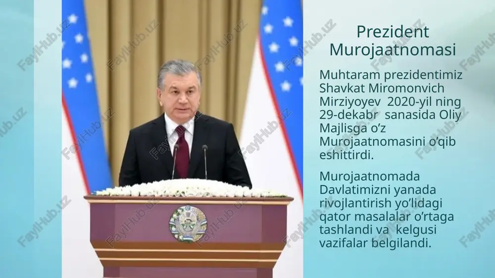 qilishi lozim”ligi asosiy maqsadlardan etib belgilandi. “yangi o‘zbekiston - maktab ostonasidan, ta’lim-tarbiya tizimidan boshlanadi” birinchidan, yosh avlodga bog‘cha, maktab va oliygohda sifatli ta’lim-tarbiya berishni yo‘lga qo‘yamiz, ular jismoniy va ma’naviy sog‘lom, vatanparvar insonlar bo‘lib ulg‘ayishi uchun barcha kuch va imkoniyatlarni safarbar etamiz. ikkinchidan, yoshlarni zamonaviy bilim va tajribalar, milliy va umumbashariy qadriyatlar asosida mustaqil va mantiqiy fikrlaydigan, ezgu fazilatlar egasi bo‘lgan insonlar etib voyaga yetkazamiz. uchinchidan, o‘g‘il-qizlarimizni mehnat bozorida talab yuqori bo‘lgan zamonaviy kasb-hunarlarga o‘rgatish, ularda tadbirkorlik ko‘nikmalari va mehnatsevarlik fazilatlarini shakllantirish hamda tashabbuslarini ro‘yobga chiqarish, ish va uy-joy bilan ta’minlashga ustuvor ahamiyat qaratamiz. bir so‘z bilan aytganda, bola tug‘ilganidan boshlab, 30 yoshgacha bo‘lgan davrda uni har tomonlama qo‘llab-quvvatlaydigan, hayotda munosib o‘rin topishi uchun ko‘mak beradigan, yaxlit va uzluksiz tizim yaratiladi. dunyo tajribasi shuni ko‘rsatadiki, yosh avlodni har tomonlama barkamol etib voyaga yetkazish uchun sarflangan sarmoya jamiyatga o‘n, yuz barobar ko‘p foyda keltiradi. buyuk bobokalonimiz abu ali ibn sino, bundan …