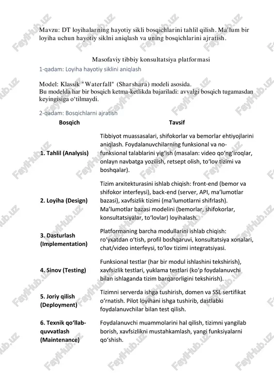vsif tahlil tibbiy muassasalar va foydalanuvchilar ehtiyojlarini yig‘ish loyiha arxitektura, interfeys va ma’lumotlar bazasini loyihalash dasturlash platforma kodini yozish (front-end va back-end) sinov xatolarni aniqlash, testlash va tuzatish joriy qilish platformani serverga o‘rnatish va ishga tushirish qo‘llab-quvvatlash tizimni yangilash va texnik yordam ko‘rsatish 4-qadam: diagramma (hayotiy sikl oqimi) ┌────────────┐ │ tahlil │ └─────┬──────┘ ↓ ┌────────────┐ │ loyiha │ └─────┬──────┘ ↓ ┌────────────┐ │ dasturlash │ └─────┬──────┘ ↓ ┌────────────┐ │ sinov │ └─────┬──────┘ ↓ ┌────────────┐ │ joriy qil. │ └─────┬──────┘ ↓ ┌────────────┐ │ qo‘llab-q. │ └────────────┘ 1-bosqich: tahlil (analysis) bu bosqichda tizim yaratilishidan oldin barcha ehtiyojlar va talablar aniqlanadi. • foydalanuvchilar (bemor, shifokor, administrator) roli va ularning ehtiyojlari o‘rganiladi. • tizimdan kutilayotgan funksiyalar aniqlanadi: o bemorlar ro‘yxatdan o‘tishi o onlayn konsultatsiya (video/chat) olish o shifokorlar bilan vaqt belgilash o retsept yozish o to‘lov tizimi integratsiyasi • texnik talablar: xavfsizlik, tezkorlik, barqarorlik, mobil moslik. ➡️ natijada — funksional va texnik talablar hujjati (srs) …