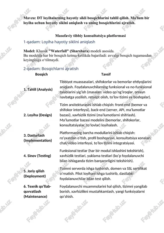 if tahlil tibbiy muassasalar va foydalanuvchilar ehtiyojlarini yig‘ish loyiha arxitektura, interfeys va ma’lumotlar bazasini loyihalash dasturlash platforma kodini yozish (front-end va back-end) sinov xatolarni aniqlash, testlash va tuzatish joriy qilish platformani serverga o‘rnatish va ishga tushirish qo‘llab-quvvatlash tizimni yangilash va texnik yordam ko‘rsatish 4-qadam: diagramma (hayotiy sikl oqimi) ┌────────────┐ │ tahlil │ └─────┬──────┘ ↓ ┌────────────┐ │ loyiha │ └─────┬──────┘ ↓ ┌────────────┐ │ dasturlash │ └─────┬──────┘ ↓ ┌────────────┐ │ sinov │ └─────┬──────┘ ↓ ┌────────────┐ │ joriy qil. │ └─────┬──────┘ ↓ ┌────────────┐ │ qo‘llab-q. │ └────────────┘ 1-bosqich: tahlil (analysis) bu bosqichda tizim yaratilishidan oldin barcha ehtiyojlar va talablar aniqlanadi. · foydalanuvchilar (bemor, shifokor, administrator) roli va ularning ehtiyojlari o‘rganiladi. · tizimdan kutilayotgan funksiyalar aniqlanadi: · bemorlar ro‘yxatdan o‘tishi · onlayn konsultatsiya (video/chat) olish · shifokorlar bilan vaqt belgilash · retsept yozish · to‘lov tizimi integratsiyasi · texnik talablar: xavfsizlik, tezkorlik, barqarorlik, mobil moslik. ➡️ natijada — funksional va texnik talablar hujjati (srs) …