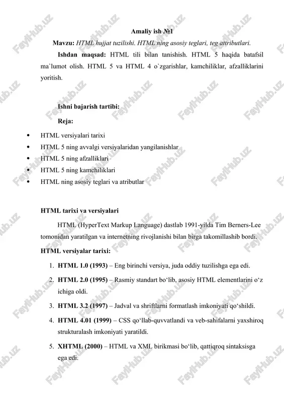 tributlar – , va boshqalar. offline qo‘llab-quvvatlash – web storage (localstorage, sessionstorage) va service worker yordamida sahifalar offline ishlashi mumkin. html5 ning afzalliklari interaktivlik – javascript bilan integratsiya qilib, dinamik kontent yaratish osonlashdi. ko‘p platformali moslik – html5 mobil va web ilovalar uchun juda mos. seo uchun foydali – semantik teglar qidiruv tizimlariga veb-saytni yaxshiroq tushunishiga yordam beradi. brauzer yordami – chrome, firefox, edge, safari va opera kabi ko‘plab brauzerlar html5 ni to‘liq qo‘llab-quvvatlaydi. html5 ning kamchiliklari eski brauzerlar mosligi – internet explorer 8 va undan eski versiyalar html5 ni qo‘llab-quvvatlamaydi. xavfsizlik muammolari – web storage va boshqa api-lar noto‘g‘ri ishlatilsa, xavfsizlik muammolariga sabab bo‘lishi mumkin. murakkablik – rivojlangan imkoniyatlar tufayli html5 dan to‘liq foydalanish uchun yaxshi bilim talab etiladi. html ning asosiy teglari va atributlari asosiy teglar · – html hujjatini belgilaydi. · – meta ma’lumotlar saqlanadi (title, meta, link, style, script va boshqalar). · – sahifaning sarlavhasi. · …