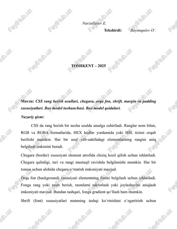 i uning tarkibi, padding, border va margin yig‘indisidan hosil bo‘ladi. bu model veb-sahifadagi elementlarni tartib bilan joylashtirish va ularning o‘lchamlarini boshqarish imkonini beradi. amaliy qism: 1) · specify colors using rgb values rgb(255, 0, 0) rgb(0, 0, 255) rgb(60, 179, 113) rgb(238, 130, 238) rgb(255, 165, 0) rgb(106, 90, 205) 3. specify colors using hex values #ff0000 #0000ff #3cb371 #ee82ee #ffa500 #6a5acd 3. hsl saturation the second parameter of hsl() defines the saturation. less saturation mean less color. 0% is completely gray: hsl(0, 100%, 50%) hsl(0, 80%, 50%) hsl(0, 60%, 50%) hsl(0, 40%, 50%) hsl(0, 20%, 50%) hsl(0, 0%, 50%) 4. salom bu 5 chi amaliy ish 5.html this paragraph is full of cats and stars. this paragraph is not. here are more cats for you. look at them! and no more. css p { font-size: 1.5em; color: #fe7f88; background-image: none; background-color: transparent; } div { background-image: url("img.png"); } .catsandstars …