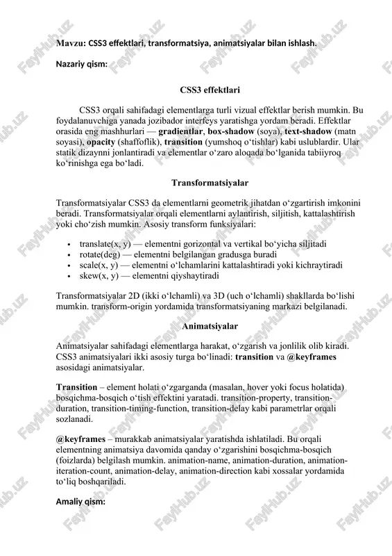animatsiya davomida qanday o‘zgarishini bosqichma-bosqich (foizlarda) belgilash mumkin. animation-name, animation-duration, animation-iteration-count, animation-delay, animation-direction kabi xossalar yordamida to‘liq boshqariladi. amaliy qism: div { width: 100px; height: 100px; background-color: red; animation-name: example; animation-duration: 4s; } @keyframes example { from {background-color: red;} to {background-color: yellow;} } css animation note: when an animation is finished, it goes back to its original style. div { width: 100px; height: 100px; background-color: red; animation-name: example; animation-duration: 4s; } @keyframes example { 0% {background-color: red;} 25% {background-color: yellow;} 50% {background-color: blue;} 100% {background-color: green;} } css animation note: when an animation is finished, it goes back to its original style. div { width: 100px; height: 100px; background-color: red; position: relative; animation-name: example; animation-duration: 4s; } @keyframes example { 0% {background-color:red; left:0px; top:0px;} 25% {background-color:yellow; left:200px; top:0px;} 50% {background-color:blue; left:200px; top:200px;} 75% {background-color:green; left:0px; top:200px;} 100% {background-color:red; left:0px; top:0px;} } css animation note: when an animation is finished, it …