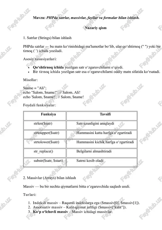 qiydi fwrite($fayl, $matn) faylga ma'lumot yozadi fclose($fayl) faylni yopadi file_exists($faylnomi) fayl mavjud yoki yo‘qligini tekshiradi filesize($faylnomi) fayl hajmini aniqlaydi misol: $fayl = fopen("data.txt", "w"); fwrite($fayl, "php fayl bilan ishlayapti."); fclose($fayl); 4. formalar (forms) bilan ishlash html formasi orqali foydalanuvchidan ma'lumot olib, php bilan qayta ishlash mumkin. html forma: ismingiz: phpda ma’lumotni qabul qilish: $ism = $_post["ism"]; echo "salom, $ism!"; amaliy qism: satrlar bilan ishlash php da echo va print funksiyalari strpos - bu php funksiyasi bo‘lib, string ichidan so‘z yoki belgi ketma-ketligini qayerdan boshlab boshlanishini aniqlaydi. kichik harflarga utkazish php da massivlar bilan ishlash 1) $cars = array("volvo", "bmw", "toyota"); 2) $cars = ["volvo", "bmw", "toyota"]; phpda massiv yaratish usullari indekslangan massivlarni yaratishda kalitlar avtomatik ravishda 0 dan boshlanadi va har bir element uchun 1 ga oshiriladi, shuning uchun yuqoridagi massivni kalitlar bilan ham yaratish mumkin: $cars = [ 0 => "volvo", 1 => "bmw", 2 =>"toyota" ]; phpda form …