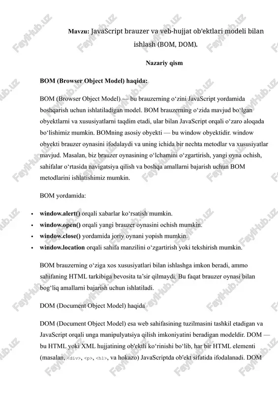 tiga egamiz. dom yordamida: · html sahifasidagi elementlarni topish uchun document.getelementbyid(), document.getelementsbyclassname() va document.queryselector() kabi metodlardan foydalanish mumkin. · yangi html elementlarini yaratish uchun document.createelement() metodi ishlatiladi. · sahifadagi ma'lum bir elementni o‘zgartirish uchun uning xususiyatlarini, masalan, matnini yoki uslublarini o‘zgartirish mumkin. dom sahifadagi barcha elementlarni ob'ektlar sifatida taqdim etadi, bu esa javascriptga sahifadagi har bir elementni manipulyatsiya qilishda juda qulaylik yaratadi. dom dinamik tarzda ishlaydi, ya'ni javascript yordamida sahifa tarkibini o‘zgartirish mumkin, shuningdek, sahifaga yangi elementlar qo‘shish yoki mavjudlarini o‘chirish mumkin. javascript window document.getelementbyid("demo").innerhtml = "browser inner window width: " + window.innerwidth + "px " + "browser inner window height: " + window.innerheight + "px"; the window object the open() method click the button to open a new browser window. try it function myfunction() { window.open("https://www.w3schools.com"); } document.getelementbyid("demo").innerhtml = "screen width is " + screen.width; javascript the window.location object document.getelementbyid("demo").innerhtml = "the full url of this page is: " …