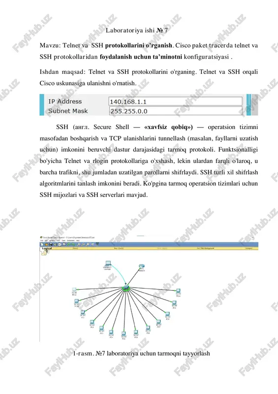 adi, bu esa xavfsizlikni ta’minlaydi. 4. nima uchun telnet protokolidan foydalanish xavfsizlik uchun xavf hisoblanadi? chunki telnet orqali yuborilayotgan ma’lumotlar (login, parol va buyruqlar) ochiq holda uzatiladi, bu esa ularni osongina tutib olish imkonini beradi. 5. ssh protokolidan foydalanishning afzalligi nima? ssh (secure shell) – bu xavfsiz, shifrlangan aloqa kanalini ta’minlaydi, bu orqali ma’lumotlar himoyalanadi va tizimga ruxsatsiz kirishning oldi olinadi. xulosa: ushbu mavzuda telnet va ssh protokollarining ishlash prinsiplari, farqlari hamda xavfsizlik darajasi o‘rganildi. cisco packet tracer dasturida router yoki switchga masofaviy kirish uchun telnet va ssh konfiguratsiyasi amaliy tarzda bajarildi. telnet orqali oddiy, ammo xavfsiz bo‘lmagan ulanish, ssh orqali esa shifrlangan va ishonchli ulanish yo‘lga qo‘yildi.