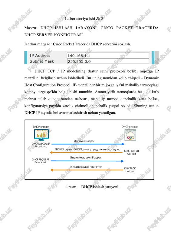 taqsimlashda har bir qurilmaga ip manzil qo‘lda belgilanadi. bu usulda ip manzillar o‘zgarmaydi. serverlar, printerlar yoki muhim qurilmalar uchun ishlatiladi, chunki ularning manzili doimiy bo‘lishi kerak. 4. ip manzillarning avtomatik taqsimlanishini tavsiflang avtomatik taqsimlashda dhcp server ip manzilni qurilmaga avtomatik tarzda bir marta ajratadi, ammo bu ip manzil vaqtinchalik emas, balki doimiy bo‘lib qoladi. klient qayta ulanayotganda ip o‘zgarmaydi. 5. ip-manzillarning dinamik taqsimlanishini tavsiflang dinamik taqsimlashda dhcp server qurilmaga vaqtincha ip manzil (ixtiyoriy muddatga, ya'ni "lease time") ajratadi. bu muddat tugagach, manzil boshqa qurilmaga berilishi mumkin. bu usul katta tarmoqlarda ip manzillarni samarali boshqarish imkonini beradi.