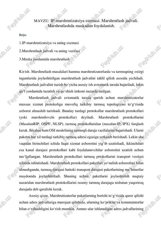 darajada deb qaralishi kerak. asosiy qism. marshrutizatorlar paketlarning borishi to‘g‘risida qaror qilishi uchun adres jadvallariga murojaat qilishida, ularning ko‘priklar va kommutatorlar bilan o‘xshashligini ko‘rish mumkin. ammo ular ishlatadigan adres jadvallarining tabiati juda farq qiladi. mac adreslar o‘rniga marshrutlash jadvalida intertarmoq ulanadigan tarmoq nomeri ko‘rsatiladi. marshrutlash jadvalining ko‘priklar adres jadvalidan boshqa farqi bo‘lib, ularni tuzish usuli hisoblanadi. ko‘prik jadvalini qurish paytida, u orqali o‘tayotgan tarmoqning oxirgi tugunlari bir-biriga yuborayotgan axborot kadrlarini passiv kuzatib turganda, marshrutizatorlar o‘z tashabbuskorligi bilan maxsus xizmat paketlari bilan almashadi va intertarmoqdagi tarmoqlar, marshrutizatorlar va ushbu tarmoq larning marshrutizatorlar bilan aloqasi to‘g‘risida qo‘shnilariga xabar beradi. odatda, aloqaning nafaqat topologiyasi hamda o‘tkazish qobiliyati va xolati hisobga olinadi. bu marshrutizatorlarga tarmoq konfiguratsiyasining o‘zgarishlariga tezroq moslashishga hamda, o‘z holli topologiyali tarmoqlarda paketlarni to‘g‘ri uzatishga imkon beradi. marshrutlash protokollari yordamida marshrutizatorlar u yoki bu darajadagi tavsilotli tarmoq aloqalarining haritasini tuzadilar. ushbu axborot asosida tarmoqning har bir nomeri uchun yo‘nalish ma’qul bo‘lishi maqsadida, …