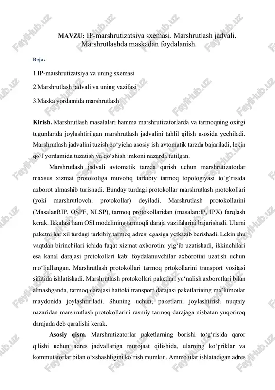 darajada deb qaralishi kerak. asosiy qism. marshrutizatorlar paketlarning borishi to‘g‘risida qaror qilishi uchun adres jadvallariga murojaat qilishida, ularning ko‘priklar va kommutatorlar bilan o‘xshashligini ko‘rish mumkin. ammo ular ishlatadigan adres jadvallarining tabiati juda farq qiladi. mac adreslar o‘rniga marshrutlash jadvalida intertarmoq ulanadigan tarmoq nomeri ko‘rsatiladi. marshrutlash jadvalining ko‘priklar adres jadvalidan boshqa farqi bo‘lib, ularni tuzish usuli hisoblanadi. ko‘prik jadvalini qurish paytida, u orqali o‘tayotgan tarmoqning oxirgi tugunlari bir-biriga yuborayotgan axborot kadrlarini passiv kuzatib turganda, marshrutizatorlar o‘z tashabbuskorligi bilan maxsus xizmat paketlari bilan almashadi va intertarmoqdagi tarmoqlar, marshrutizatorlar va ushbu tarmoq larning marshrutizatorlar bilan aloqasi to‘g‘risida qo‘shnilariga xabar beradi. odatda, aloqaning nafaqat topologiyasi hamda o‘tkazish qobiliyati va xolati hisobga olinadi. bu marshrutizatorlarga tarmoq konfiguratsiyasining o‘zgarishlariga tezroq moslashishga hamda, o‘z holli topologiyali tarmoqlarda paketlarni to‘g‘ri uzatishga imkon beradi. marshrutlash protokollari yordamida marshrutizatorlar u yoki bu darajadagi tavsilotli tarmoq aloqalarining haritasini tuzadilar. ushbu axborot asosida tarmoqning har bir nomeri uchun yo‘nalish ma’qul bo‘lishi maqsadida, …