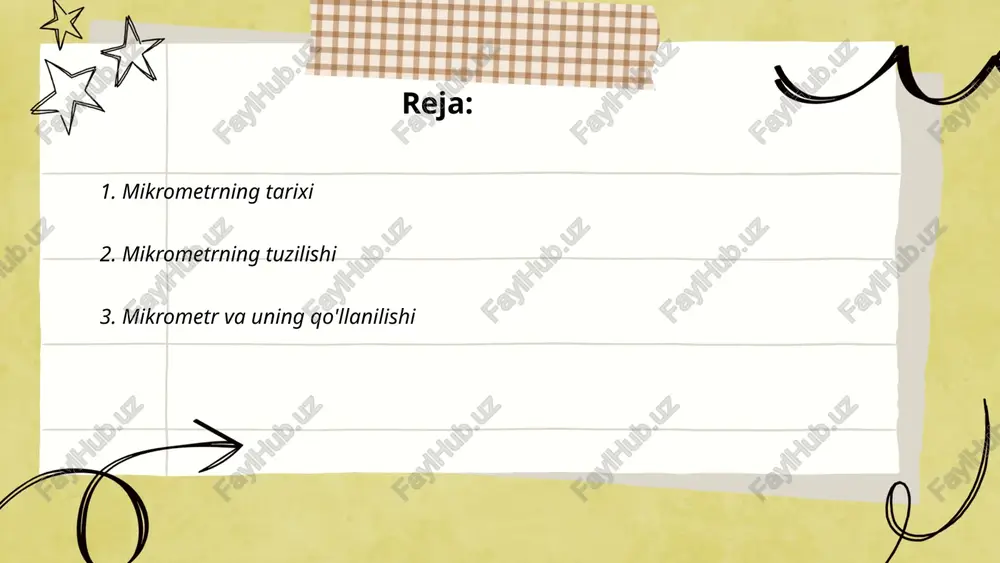 arga ega bo'lishi mumkin. ular asosan metallurgiya, mashinasozlik va boshqa texnik sohalarda, shuningdek, tajriba laboratoriyalarida detal o'lchamlarini aniqlash uchun qo'llaniladi. eng keng tarqalgan mikrometr turi tashqi mikrometrlardir, lekin ichki mikrometrlar va chuqurlik mikrometrlari ham mavjud. mikrometr natijalari mikron o'lchovida, ya'ni millimetrning mingdan bir qismi aniqligida ko'rsatiladi. ... t.me/slaydai_bot 4. mikrometrning ishlash prinsipi mikrometr — uzunlikni yuqori aniqlikda o‘lchash uchun ishlatiladigan asbob. u ikkita asosiy qismdan iborat: biriktirilgan o‘qi va vintlanuvchi mil. ishlash prinsipi vint mexanizmi asosida qurilgan bo‘lib, vint aylanayotganda mil oldinga yoki orqaga harakatlanadi, bu esa o‘lchashni ta'minlaydi. odatda mikrometrlar millimetrning mingdan bir qismigacha aniqlikka ega bo‘lib, ularni aniq o‘lchovlar uchun qo‘llash mumkin. eng ko‘p ishlatiladigan mikrometrlar 0 dan 25 mm gacha o‘lchash diapazoniga ega. shkalasi odatda 0,01 mm aniqlikni ta’minlaydi. ishlatiladigan mikrometrlar mexanik va raqamli bo‘lishi mumkin. ... t.me/slaydai_bot mikrometr asboblari nozik o'lchovlar uchun ishlatiladi va ularning turli turlari mavjud. an'anaviy mikrometrlar tashqi, ichki va chuqurlik o'lchovlari uchun …