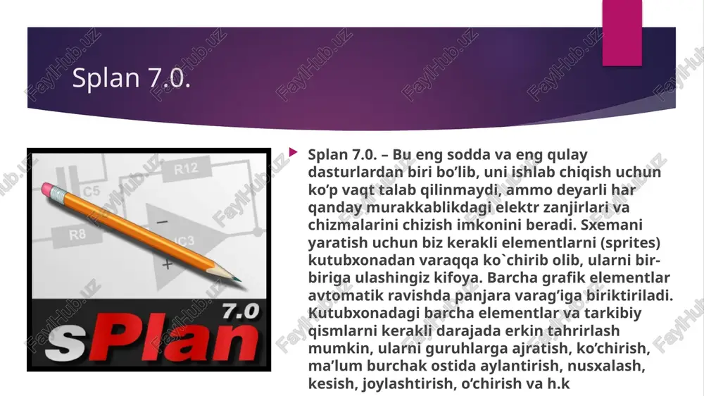 o’rnatadi. “shtamp” – siz varaqqa standart shtamp (ramka) qo’yishingiz yoki olib tashlashingiz mumkin, shuningdek muhr muharriri ham mavjud. “xizmat” menyusida – “ko’rsatmalar” bandi mavjud. splan-dagi ko’rsatmalar rasm chizishda ko’rsatma chiziqlari sifatida ishlatiladi. shuning uchun ular hech qanday xususiyatga ega emas va bosilmaydi. agar varaqdagi elementning o’rnini aniq belgilash kerak bo’lsa, ko’rsatmalar foydali bo’ladi. buning uchun qo’llanmalarning aniq joyini aniqlab va kerakli elementni ushbu qo’llanmalarga o’tkazimiz. element qo’llanmaga yaqinlashganda, uning eng yaqin tomoni qo’llanmaga “ prilipaet “ko`rsatmasi beriladi. “element” va bir xil “elementlarga yozuvlarni tahrirlash” – ko`rsatmasida siz darhol barcha sxemadagi barcha elementlarning imzolari (qiymatlari, belgilari va raqamlash) hajmini o’zgartirishingiz mumkin. dastur parameterlari yangi varaqni yaratish”, “ochiq varaq”, “saqlash”, “chop etish”, shuningdek, keyingi “bekor qilish” va “qaytish” strelkalari diagrammalarni chizishda ba’zi harakatlarga va diagrammalarning alohida elementlariga va ularga tegishli deb umid qilamiz va bundan keyin “kesish”, “nusxalash”, “yopish”, “nusxalash”, “o’chirish”, keyin “old tomonga”, “fonga”, “90-ga burish”, “gorizontal ravishda siljitish”, “vertikal ravishda …