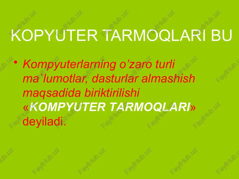 a bu zanjir “halqa” bo‘lib birlashgan kombinatsiyali topologiyalar hub ethernet router ruter (marshrut ko‘rsatuvchisi) – bu tarmoqlarni bir birovi bilan birlashtiradigan qurilma hardware – router routing – tabelle tarmoq kabellari. 3 ta katta guruhga bo‘linadi:  ekranlangan (shielded pair, str) va ekranlanmagan (unshilded pair, utr) larga bo‘lingan to‘qilgan (o‘ralgan) juft simlar asosidagi kabellar;  koaksial (coaxial cable);  optotolali (fiber optic); ekranlangan (juft kabellar ) koaksial kabellar optotolali kabellar e`tiboringiz uchun raxmat!!! image2.jpeg image3.png image4.jpeg image5.jpeg image6.jpeg image7.jpeg image8.jpeg image9.jpeg image10.jpeg image11.jpeg image12.jpeg image13.jpeg image14.png image15.png image16.png image17.png oleobject1.bin oleobject2.bin oleobject3.bin oleobject4.bin image18.png image19.png image20.png oleobject5.bin image21.jpeg image22.jpeg image23.png image24.png image25.png image26.jpeg image27.jpeg image28.png image1.png /docprops/thumbnail.jpeg