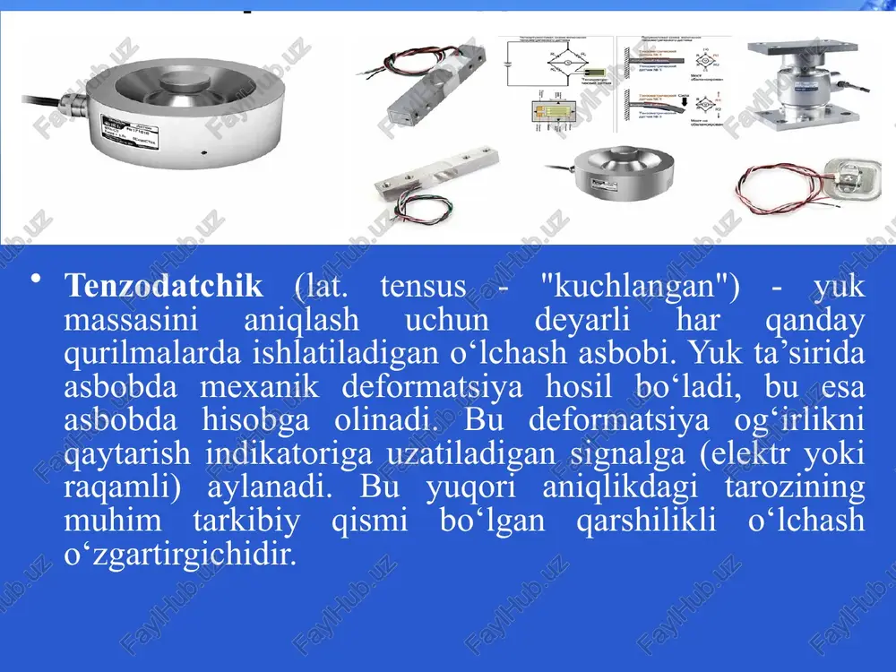 ondensator effektidan foydalaniladi, bu yerda plastinkalar orasidagi masofaning o‘zgarishi sig‘imga ta’sir qiladi. tenzodatchik fizik ta’sirga bo‘lgan reaksiyani kuzatish uchun turli xil qurilma va mexanizmlarga o‘rnatiladi. og‘irlikni o‘lchash - har xil turdagi elektron tarozida o‘rnatilgan. tezlanish aniqlash - transport vositalarini sinashda qo‘llaniladi. bosimni o‘lchash sirtlarga ishlov berishda, qo‘yilgan kuchni nazorat qilishda, mexanik qurilmalarda va boshqalarda keng qo‘llaniladi. siljishni nazorat qilish - qurilish elementlari, poydevorlar, seysmik asboblar va boshqalarning harakatini kuzatish uchun xizmat qiladi. aylantiruvchi momentni o‘lchash - mashinasozlikda, texnik xizmat ko‘rsatish va boshqa maqsadlarda qo‘llaniladi. e’tiboringiz uchun rahmat! image2.jpeg image3.png image4.jpeg image5.png image1.jpeg /docprops/thumbnail.jpeg