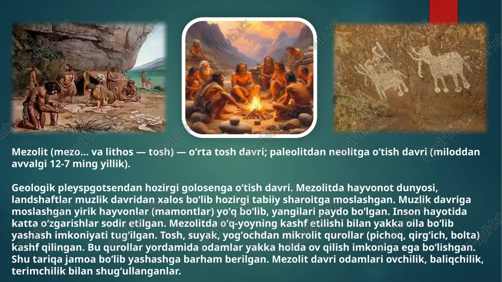 y ixtiro qilindi. o‘q yoyning kashf etilishi xo‘jalikda ovning ahamiyatini oshirdi. endi ibtidoiy ovchilar uzoqdan turib o‘z o'ljasini nishonga olish imkoniyatiga ega boʼldilar va oziq-ovqatga boʼlgan talabni qondira oldilar. oʻsimliklar dunyosida ham issiqtalab o‘simliklar salmog‘i oshdi. daryolarning sersuv bo‘lishi baliqchilikning vujudga kelishiga va dastlabki qayiqlarning paydo boʼlishiga olib keldi. bu esa ibtidoiy odamning turmush tarzini o‘zgartirdi. ibtidoiy ovchilar hayvonlar (asosan bug‘ular) izidan yurib, yangi-yangi yerlarni o‘zlashtirib bordilar. shu sababli, mezolit davri odamlari keng hududlarga tarqalganlar. mezolit davrida oʻrta osiyoning deyarli barcha hududlari yashash uchun qulay boʼlgan. amudaryo bilan sirdaryo oraliqlarida mezolit davriga oid yodgorliklar ko‘p uchraydi. bu davr jamoasida diniy tasavvurlar maʼlum bir shaklga kirdi. bu haqda mezolit davri mozorlari, qoyatosh rasmlari darak beradi. mezolit davri qadimgi tarixdagi o‘ta muhim o‘rin tutadi. u eramizdan avvalgi taxminan 12 000 yildan 8 000 yilgacha davom etgan bo‘lib, paleolit va neolit davrlari orasidagi ko‘prik vazifasini bajaradi. bu davrda iqlim sharoitlarining o‘zgarishi va muzliklarning …