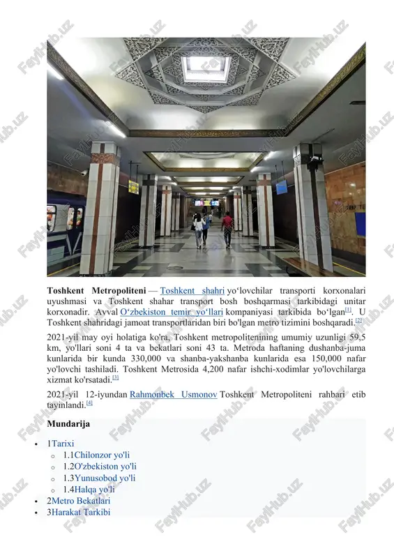riga teng bo'lgan bu loyiha 2017-2020 yillarda qurildi. bu yo'nalishda kuniga qo'shimcha 35,000 nafar, yiliga 11,5 million yoʻlovchi tashilishi kutilmoqda.[5][6][7][8] o'zbekiston yo'li[tahrir | manbasini tahrirlash] toshkent metropoliteni 2-liniyasi - oʻzbekiston yoʻli 1984-yilda ochilgan bo'lib, hozirda bu liniya uzunligi 14,3 km va 11 bekatdan iborat. ushbu liniyaning qurilishi quyidagi 4 asosiy bosqichda amalga oshirilgan: · 1984-yil 7-dekabrda uzunligi 4,8 km boʻlgan 5 ta bekat („alisher navoiy“, „oʻzbekiston“, „kosmonavtlar“, „oybek“ va „toshkent“) ochilgan. · 1987-yil 6-noyabrda uzunligi 3,3 km bo'lgan 2 ta bekat („mashinasozlar“ va „doʻstlik“) foydalanishga topshirilgan. · 1989-yil 6-noyabrda uzunligi 2,4 km bo'lgan 2 ta bekat („gʻafur gʻulom“ va „chorsu“) ochilgan. · 1991-yil 30-aprelda uzunligi 3,8 km bo'lgan 2 ta bekat („tinchlik“ va „beruniy“) ishga tushirilgan. yunusobod yo'li[tahrir | manbasini tahrirlash] turkiston metro bekati toshkent metropolitenining shahar markazini yunusobod tumani bilan bogʻlaydigan 3-liniyasi - yunusobod yo'li mustaqilik yillarida qurilgab bo'lib, ushbu liniyaning umumiy uzunligi 10,5 kilometr va 8 ta bekatdan …