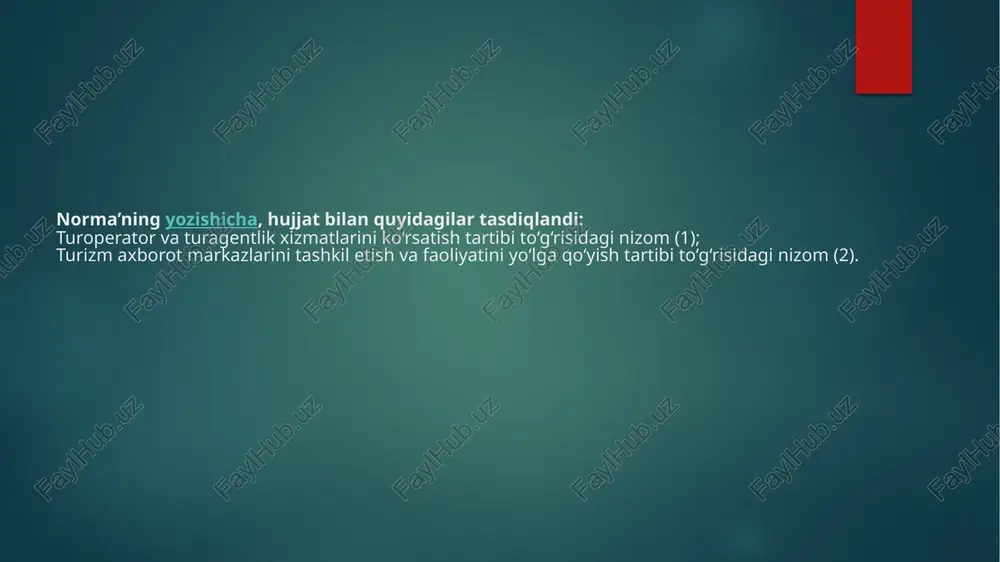 lliy va diniy xususiyatlari; boshqa sayohat xususiyatlari. nizomda turoperatorlar va turagentlar xizmatlaridan foydalanishning boshqa shartlari, shuningdek ularning huquq va majburiyatlari ham keltirilgan. nizomda (2) turistik axborot markazlarini tashkil etish va faoliyatini yo‘lga qo‘yish tartibi va shartlari belgilangan. turistik axborot markazlari: o‘zbekistonda kirish va ichki turizmni rivojlantirish, uning turistik salohiyati to‘g‘risidagi axborotni shakllantirish va tarqatishga ko‘mak berish maqsadida; o‘zbekiston ma'muriy-hududiy birliklari hududida turizm resurslari, turizm sayohat yo‘nalishlari, turizm zonalarining mavjudligi va o‘ziga xosligini hisobga olgan holda tashkil qilinadi. quyidagilar turistik axborot markazlarining vazifalari hisoblanadi: sifatli axborot xizmatini ko‘rsatish, turist va ekskursantlar xohish va istaklarini aniqlash; o‘zbekiston turizm salohiyatini mamlakat ichida va chet elda targ‘ib qilish; turizm infratuzilmasini rivojlantirish bo‘yicha takliflar ishlab chiqish; o‘zbekiston milliy madaniyati, an'ana va yutuqlarini targ‘ib etish; turistlarga sayohat uchun birinchi navbatdagi xizmatlar va tovarlarni taqdim qilish. o‘zlariga yuklatilgan vazifalarni amalga oshirish maqsadida turistik axborot markazlari quyidagi funksiyalarni amalga oshiradilar: xalqaro tashkilotlar, davlat organlari va tashkilotlari, turizm sohasi …