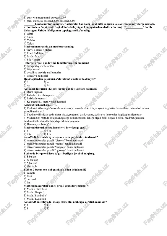 kelishi shart bo’lmagan, ammo aslining xususiyatlariga ega bo’lgan nusxalarni yaratish qobiliyati autocad grafik dasturida koordinata o’qlarining joylashuvi qaysi uskunalar panelidan foydalanib boshqariladi? 1) vizualniy stiley 2) redaktirovanie 3) psk (psk) 4) ob'ektnaya privyazka mathcad da qurollar paneli orqali analiz amallarni qanday bajariladi? 1) math/ boolean / 2) math/matrix/ 3) math/calculutor/ 4) math/calculus/ ma’lumotlar turi nima uchun kerak? 1) ma’lumotlarni ta’minlash uchun 2) noma’lum turdagi o’zgaruvchilarni yaratish uchun 3) ma’lumotlar butunligini ta’minlash uchun 4) o’zgaruvchi saqlaydigan qiymatni ko’rsatish uchun mathcadda menyu orqali analiz amallari qanday bajariladi? 1) mathcalculus 2) vievtoolbarscalculus 3) vievtoolbarsmatrix 4) vievtoolbarsevalution autocad 2007 grafik dasturini ishga tushirish ketma-ketligini tanlang? 1) pusk-vse programmi-autodesk-autocad 2007-autocad 2007 2) pusk-ms office-autodesk-autocad 2007-autocad 2007 3) pusk-vse programmi-autocad 2007 4) pusk-autodesk-autocad 2007-autocad 2007 ________bunda har bir kompyuter axborotni har doim faqat bitta zanjirda kelayotgan kompyuterga uzatadi, axborotni esa faqat zanjirdagi oldinda kelayotgan kompyuterdan oladi va bu zanjir “____________” bo‘lib birlashgan. ushbu ta’rifga mos topologiyani …