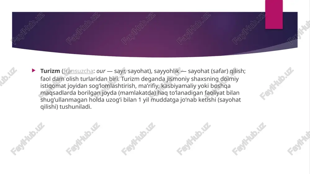 barpo etish, yangi turistik yoʻnalishlarni ishlab chiqish, xizmatlar doirasini kengaitirish va boshqalardan iborat. "oʻzbekturizm" milliy kompaniyasi sayohat qilish turiga qarab quyidagi turistik yoʻnalishlarni ishlab chiqqan: klassik yoʻnalish (toshkent, samarqand, buxoro, xiva, toshkent; toshkent, samarqand, buxoroshahrisabz, toshkent). bu yoʻnalish eng qad. yodgorliklar va boshqa tarixiymadaniy obidalarga tashrif bilan bogʻliq; ekologik turizm yoʻnalishi (chimyon, chorvoq dam olish va davolanish oromgohi, zomin qoʻriqxonasi, buxoro viloyatidagi qoʻriqxonalar). bu yoʻnalish alohida muhofaza qilinadigan tabiiy hududlar va sayyohlar uchun ekologik jihatdan qulay gʻamda foydali hisoblanadigan joylarga tashrif bilan bogʻliq; arxeologik turizm yoʻnalishi (qoraqalpogʻiston, surxondaryo, samarqand hududdari boʻylab). bu yoʻnalish oʻzbekistonning eng qad. topilmalari va arxeologik qazishmalar olib borilayotgan joylari bilan tanishishni maqsad qilib qoʻyadi; ekstre mal turizm yoʻnalishi (chimyon, fargʻona vodiysi, orol boʻyi, buxoro, navoiy viloyati hududlari boʻylab); liniy turizm yoʻnalishi (toshkent, samarqand, buxoro, toshkent) — mamlakatimizdagi tarixiy diniy obidalarni ziyorat qilish bilan bogʻliq. turizm sohasidagi munosabatlarni huquqiy jihatdan tartibga solish, turistik xizmatlar bozorini rivojlantirish, shuningdek, …