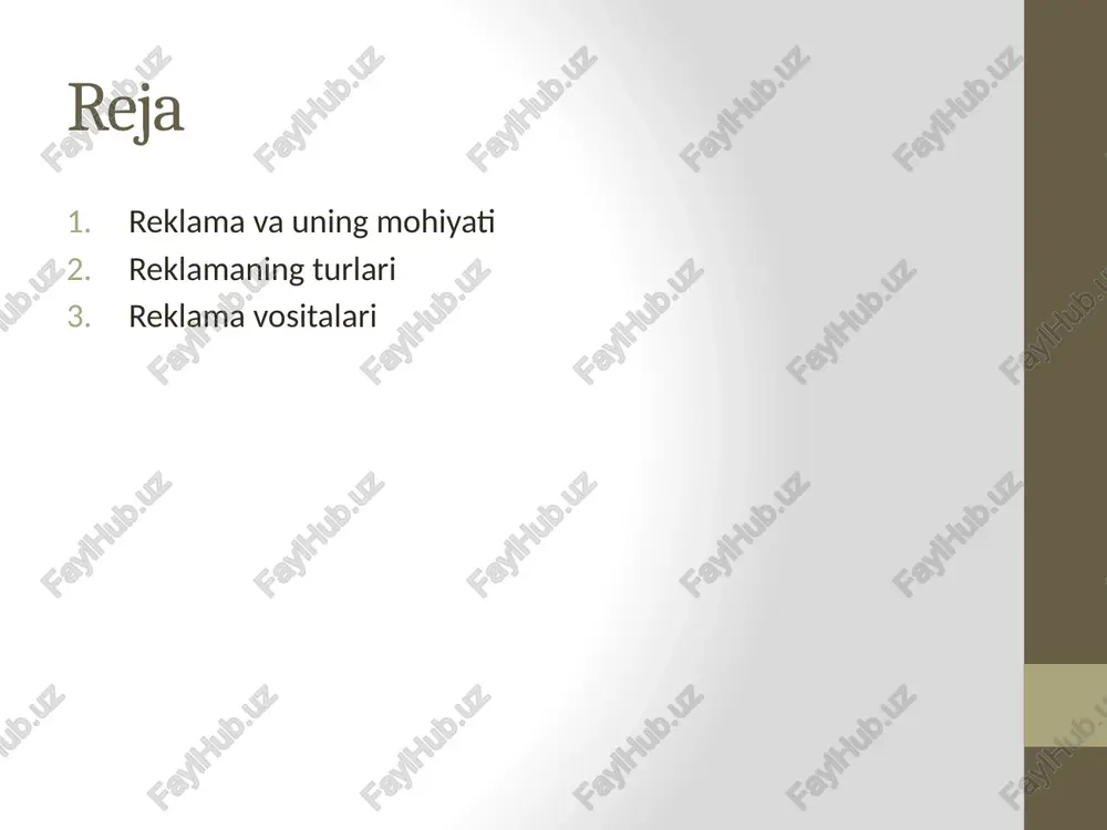 ning hayotiy uzunligi bo’yicha turlari: reklamaning hayotiy uzunligi bo’yicha turlari: a) umrbod reklama(ba’zi odamlar yoki tarixdan nomi qolgan ulug’ insonlar haqida umrbod esimizda bor, misol uchun misr piramidalari yoki payg’ambarlar haqida hikoyalar); b) biron tashkilotning faoliyat davri davomida (1 kundan boshlab to asrlargacha); reklamaning hayotiylik uzunligi bo`yicha turlari c) bir tovar yoki savdo markasi yashash umri davri mobaynida(bir necha oydan to asrlargacha); d) ishlatib va ko’rib bo’lgunga qadar. bunday reklama haqida boshqa hech narsa aytib bo’lmaydi, chunki allaqachon esdan chiqib ketgan reklama turidir. tarqatish vositalariga ko’ra reklamaning quyidagi turlari mavjud: mabuotda reklama; bosma reklama; audiovizual reklama; kompyuterlashgan reklama; radio va telereklama: reklama suvenirlari; tashqi reklama; turizmda reklamaning vositalari turizm reklamasi ko‘pincha quyidagi vositalardan foydalanadi: matbuot, televideniye, radio, videoroliklar, pochta jo‘natmalari, transport, sotish joylaridagi reklama doskasi, tashqi va suvenir reklamalari va hokazo. turistik firma reklama byudjetining 85 %i matbuot orqali reklamaga sarflanadi.o’zi tezkorligi, qaytaruvchanngligi, bozorni keng qamrab olishi xisobiga reklamaning bu …