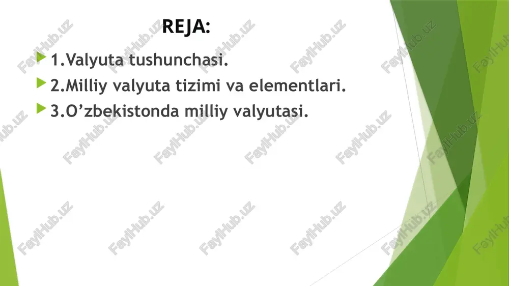 hisobkitob ishlarida qoʻllaniladi milliy valyuta tizimi ma'lum davlatni, boshka davlatlar bilan pulli xisob- kitoblarini amalga oshirishda ko’llaydigan usullari, instrumentlari va milliy organlarining umumiy yigindisi tushuniladi. milliy valyuta tizimi nisbatan mustakil va faoliyat doirasi milliy chegaralardan chiksada, u mamlakat pul- kredit tizimining tarkibiy kismi xisoblanadi. milliy va jaxon valyutalar tizimlari alokasi va rivojlanishi, ularning elementlarida namoyon buladi. milliy valyuta tizimi milliy valyuta tizimi mamlakat pul tizimining tarkibiy qismi bo‘lib, valyuta munosabatlarining yig‘indisi sifatida maydonga chiqmaydi, balki ushbu munosabatlarning faqat qonunchilik hujjatlari bilan tashkil etilish tartibini belgilaydi. valyuta munosabatlarini tashkil etishning bunday tartibi, birinchi navbatda, valyuta tizimi elementlarini belgilashni o‘z ichiga oladi o’zbekiston milliy valyutasi milliy valyuta tizimi bir qator bosqichlarni bosib oʻtgan. markaziy bank tomonidan 1991-1993-yillar davomida milliy valyutani muomalaga kiritish uchun juda koʻp izlanishlar olib borildi, xorijiy mamlakatlar tajribasi oʻrganildi.1993-yilning 15-noyabridan boshlab toʻlov vositasi sifatida “soʻm-kupon” muomalaga kiritildi. pul islohotini amalga oshirish borasida maʼlum tajribaga ega boʻlish uchun “soʻm-kupon” oʻtish …