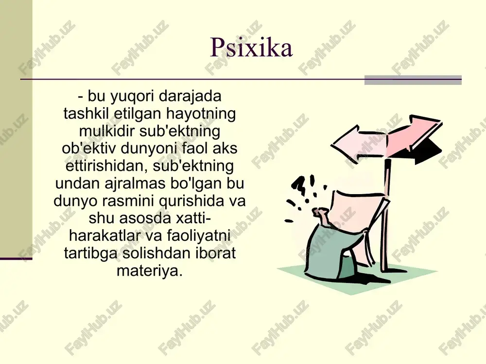 jburiy faoliyatining namoyon bo'lishida tashqi ko'rinishda ifodalanadi. sezuvchanlik - umumiy sezish qobiliyati - organizmlarning qo'zg'atuvchilarga faol javob berish qobiliyati, biologik neytral, ammo ob'ektiv ravishda biotik xususiyatlar bilan bog'liq bo'lgan ta'sirlarni aks ettirish qobiliyati (qurtlar, mollyuskalar, artropodlar). ushbu turdagi moslashuv o'rtasidagi asosiy farq hayvonni atrof-muhit bilan bog'laydigan maxsus jarayonlarning paydo bo'lishi - xulq-atvor jarayonlari. yuqori hayvonlarning xatti-harakati (tashqi shartli xulq-atvor) - tirik mavjudotlarga xos bo'lgan, ularning tashqi (harakat) va ichki (aqliy) faoliyati vositasida atrof-muhit bilan o'zaro ta'siri; tashqi dunyo bilan aloqa o'rnatishga xizmat qiluvchi tirik organizmning maqsadga yo'naltirilgan faoliyati. inson ongi (o'zini o'zi belgilaydigan xatti-harakatlar) - ijtimoiy-tarixiy mavjudot sifatida faqat insonga xos bo'lgan ruhiy aks ettirish va tartibga solishning eng yuqori darajasi. amaliy nuqtai nazardan, ong sub'ektning ichki dunyosida bevosita paydo bo'ladigan va uning amaliy faoliyatini kutadigan doimiy o'zgaruvchan hissiy va aqliy tasvirlar to'plami sifatida namoyon bo'ladi. psixikaning funktsiyalari psixikaning namoyon bo'lishi shunchalik ko'p qirraliki, aniq javob berish juda qiyin. aniqrog'i, …
