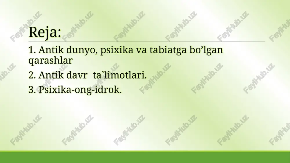 sta tabiatga ilmiy qarashlar orqali psixologik fikrlar ham o'zgardi va rivojlandi. insonlar dunyoni tushunishda afsonalardan voz kecha boshladi. eramizdan avvalgi vi asrga kelib tabiat va insonni tushunish psixologik faoliyatda katta burilish yasadi. qalb haqidagi greklar ta'limoti, psixologik qarashlar va ular haqidagi bilimlar juda qiziqarli edi. qadimgi faylasuflar ruh haqidagi afsonalarga boshqacha yo'l bilan tayanishar edi. antik dunyo, psixika va tabiatga bo’lgan qarashlar №3 geraklit qalbni ta'riflashi bo'yicha: havodagi namlikni xuddi sharob ichgan odamni qalbiga o'xshatadi. qanchalik qalbi quruq bo'lsa u kuchlidir va aqllidir. geraklit birinchi bo'lib psixologiya tarixida organizmdagi ruhiy holatning o'zgarishini aniqlab beradi. ruhiy holat o'zida ichki tushunishi va o'ylash, shu bilan birgalikda tushunish chegarasini, haqiqiy hayotni tushunishini belgilab beradi. geraklit izlanishlari nafaqat yangi hayot mazmunini, balki insonni rivojini tushuntirib beradi. anaksagor (er.av. 500-428) olamni bir necha sifatli har xil qismlardan tartibga solinadi deb hisoblar edi va bular ong tomonidan tartibga solinadi deb ta'kidlar edi. u inson va tabiatni …