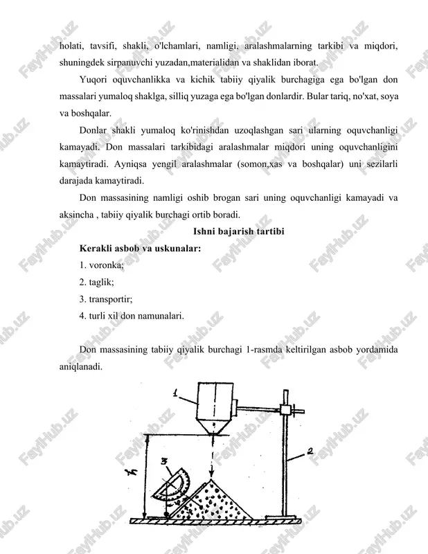 orat. yuqori oquvchanlikka va kichik tabiiy qiyalik burchagiga ega bo'lgan don massalari yumaloq shaklga, silliq yuzaga ega bo'lgan donlardir. bular tariq, no'xat, soya va boshqalar. donlar shakli yumaloq ko'rinishdan uzoqlashgan sari ularning oquvchanligi kamayadi. don massalari tarkibidagi aralashmalar miqdori uning oquvchanligini kamaytiradi. ayniqsa yengil aralashmalar (somon,xas va boshqalar) uni sezilarli darajada kamaytiradi. don massasining namligi oshib brogan sari uning oquvchanligi kamayadi va aksincha , tabiiy qiyalik burchagi ortib boradi. ishni bajarish tartibi kerakli asbob va uskunalar: 1. voronka; 2. taglik; 3. transportir; 4. turli xil don namunalari. don massasining tabiiy qiyalik burchagi 1-rasmda keltirilgan asbob yordamida aniqlanadi. 1-rasm. voronkadan to'kilganda donning tabiiy qiyalik burchagini aniqlash uchun qurilma. 1 - voronka; 2 - taglik; 3 - transportir. bu qurilma chiqaruvchi qismi yopiladigan voronka (1) va bu voronkani mahkamlash uchun taglik (2), burchakni o'lchash uchunyuk bog'langan transporter (3) va chizg'ichdan tashkil topgan. voronkadan to'kiladigan donning balandligi qiymatga egadir.voronka tekshiriladigan don bilan yuqori …