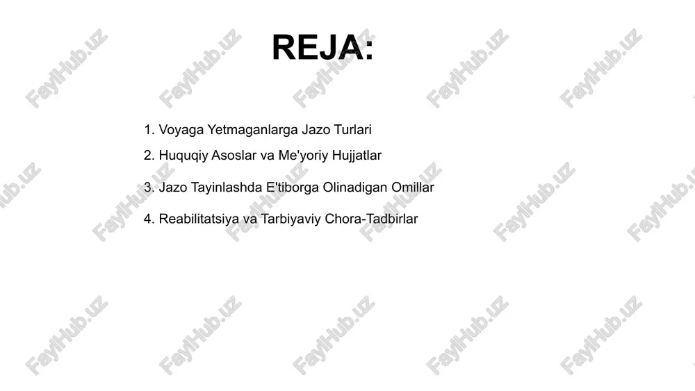 o‘zgarishdir. tarbiyaviy chora-tadbirlar yoshlarning ruhiy holatini inobatga olib, ularda ijtimoiy mas’uliyat va qonunlarga hurmatni shakllantirishga qaratilgan bo‘ladi. reabilitatsiya jarayoni davomida voyaga yetmaganlar o‘qish, kasb o‘rganish va ijtimoiy moslashuvga yo‘naltirilgan dasturlar asosida qo‘llab-quvvatlanadi. 01 03 02 voyaga yetmaganlarga nisbatan jazoning ijtimoiy ta'siri voyaga yetmaganlarga nisbatan jazoni qo'llashda ularning yoshiga xos hususiyatlar hisobga olinishi kerak, bu ijtimoiy moslashuv jarayoniga katta ta'sir qiladi. yengil jazo choralarining qo'llanilishi voyaga yetmagan shaxsni jamiyatga qayta moslashishiga yordam beradi, jinoyatchilikning kamayishiga zamin yaratadi. og'ir jazolar esa yoshlar ongida salbiy iz qoldiradi, ularning ijtimoiy rivojlanishiga to'sqinlik qiladi va kelajakdagi imkoniyatlarini cheklaydi. 02 01 03 e’tiboringiz uchun rahmat