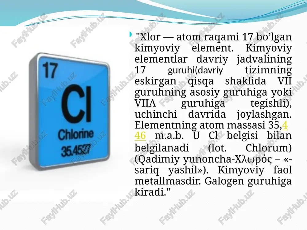 i ishlab chiqariladi, bugungi kunda u etilendan xlor muvozanatlashgan usul bilan oraliq 1,2-dixloretan orqali olinadi. xlorning oqartirish xususiyatlari qadimdan ma’lum bo’lgan. xlorning sayqallash xususiyatlari qadim zamonlardan ma’lum. xlor ko’p organik bo’yoqlarni yo’q qiladi, ularni rangsiz qiladi, lekin bu faqat suyuq yoki gazsimon suv ishtirokida sodir bo’ladi, chunki xlorning o’zi emas, balki gipoxlor kislota parchalanishi natijasida hosil bo’lgan kislorod atomi oqartiradi." xlorli insektitsidlarni ishlab chiqarish—o’simliklar uchun xavfsiz bo’lgan, lekin zararli hasharotlarni o’ldiradigan moddalar. ishlab chiqarilgan xlorning muhim qismi o’simliklarni himoya qilish vositalarini olish uchun sarflanadi.eng muhim insektitsiddan biri bu geksaxlorosikloheksan (ko’pincha geksaxloran deb ataladi). ushbu modda birinchi marta 1825 yilda faraday tomonidan sintez qilingan, ammo 100 yildan ko’proq vaqt o’tgach – xx asrning 30-yillarida amaliy qo’llanilishini topilgan. u kimyoviy urush qurol sifatida, shuningdek boshqa kimyoviy urush vositalarini ishlab chiqarish uchun ishlatilgan: xantal gazi, fosgen. suvni zararsizlantirish uchun – «xlorlash». ichimlik suvini dezinfeksiya qilishning eng keng tarqalgan usuli; erkin xlor va uning …