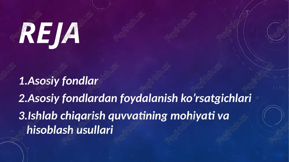 mevali bogʻlar va da-raxtlar; yerlarni yaxshilashga sarflangan kapital harajatlar. asosiy noishlab chiqarish fondlariga uy-joy binolari, maktablar, klublar, davolash muassasalari va boshqa kiradi. qishloq xoʻjaligi korxonalarida asosiy fondlar balansida irrigatsiya-meliorasiya fondlari qiymati alohida bandda koʻrsatiladi (ular inshootlar tarkibida hisobga kiritiladi). xoʻjaliklarning asosiy fondlar buxgalteriya hisobida 01 raqamli hisobvaraqda qayd etiladi, natural hamda qiymat koʻrsat-kichlarida hisobga olinadi. natural koʻrsatkichlar (dona-si, vt hisobidagi quvvat, m2 hisobidagi sathi va boshqalar) asosiy fondlarning sifat va miqdori tarkibi, xoʻjaliklarning ishlab chiqarish imkoni-yatlari, sotib olingan texnika yoki bino, inshootning qurilgan vaqti haqida tasavvur beradi. asosiy fondlar qiymati joriy narxlarda yoki qiyosiy narxlarda hisoblanadi. hisobga olish asosiy vositalarning barcha koʻrinishlarini turlar boʻyicha taqqoslashga, ularning jami qiymatini, ulardagi yangi tayyor mahsulotga oʻtadigan eskirish darajasini aniqlashga im-kon beradi. asosiy fondlar real miqdori mamla-katning iqtisodiy salohiyatini, ishlab chiqarish quvvatini koʻrsatadi. oʻzbekiston respublikasi xalqxoʻjaligi barcha tarmoqlarining asosiy ishlab chiqarish fondlari amaldagi (joriy) narxlarda 1993-yilda 19218,1 mlrd. soʻmni tashkil etgan. asosiy fondlardan foydalanish …