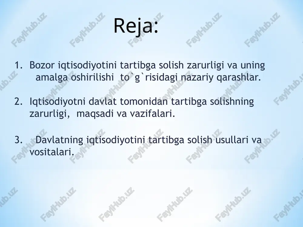 adi davlat bozor konyukturasida kutilayotgan inqirozli holatlarni oldindan taxminlash va uning oqibatlarini yumshatish bo`yicha chora-tadbirlar belgilashga qaratish zarurligini qayd qiladi asoschisi amerikalik iqtisodchi m.fridmen. uning fikriga ko`ra, davlatning iqtisodiyotiga eng kam darajada aralashuvi pul muomalasi doirasida bo`lishi kerak. monetaristlar ning inflatsiyani jilovlashga qaratilgan tavsiyalari: pul taklifi va kredit berishini qattiq cheklash pul emissiyasini ishlab chiqarishning o`sishiga mos ko`paytirish davlatning aholiga turli to`lovlarini kamaytirish hisobiga sosial dasturlarini qisqartirish. neokonservativ oqim yo`nalishlari. 2. iqtisodiyotni davlat tomonidan tartibga solishning zarurligi, maqsadi va vazifalari. milliy iqtisodiyotga bozor vositasida bajarish mumkin bo`lmagan yoki samarali bajarib bo`lmaydigan vazifalarni hal qilish ( mudofaani ta`minlash, ichki tartibni saqlash , aholini ijtimoiy himoyalash. ) ishlab chiqarish va iste`mol oqibatida vujudga keladigan ijobiy samara va salbiy oqibatlarni bartaraf qilish.(tozalash qurilmalari va uskunalarini o`rnatish , atrof muhitni muhofaza qilish) foydali iste`molni kengaytirish va sog`liq uchun zarar keltiruvchi tovarlar iste`molini cheklash bozorning salbiy oqibatlarini yengillashtirish, ijtimoiy adolatsizlik , taqsimotidagi tengsizlik. iqtisodiyotni davlat …