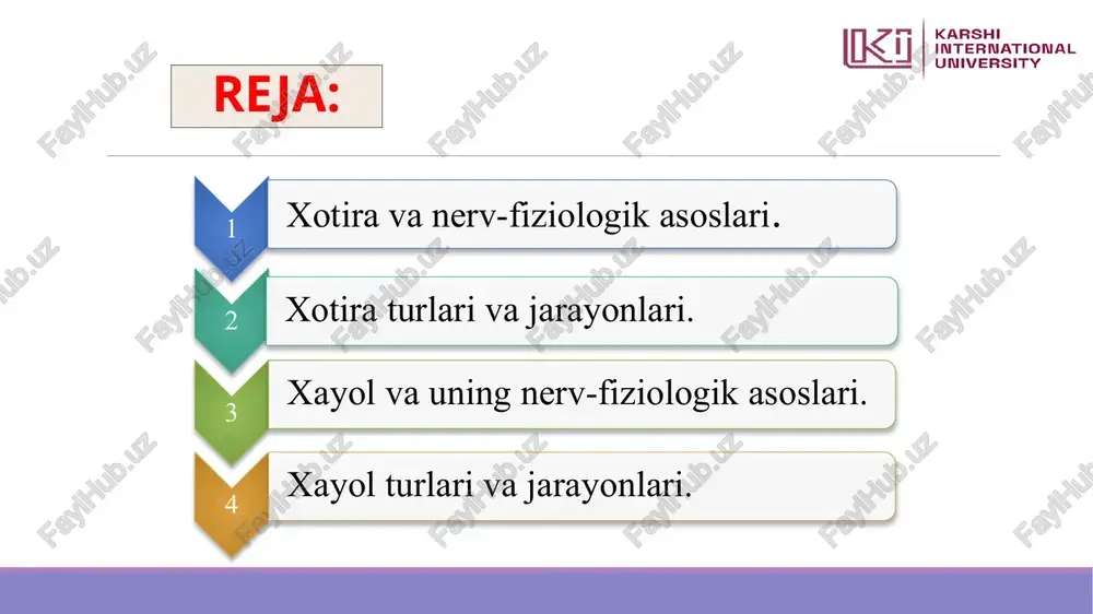 tushunib yetgan edilar. bunday aloqalar assotsiatsiyalar deb atab kelinadi. assotsiatsiyalar uch xil bo‘ladi: izdoshlik – (yoki ketma-ketlik) assotsiatsiyasi, masalan: biror hodisa esga keltirilgan paytda, shu davrda yuz bergan boshqa faktlar ham xotirada gavdalanadi. kontrastlik – shovqin-suronli shaharga kelib qolsam tinch qishloq hayotini eslayman. o‘xshashlik – tanishimni portretini ko‘rsam uni o‘zini ham eslayman ilgari idrok qilingan narsa va hodisalar obrazlarining ongimizda qayta gavdalanishiga tasavvur deb ataladi. tasavvurlar tufayli ayni paytda ko‘z o‘ngimizda bo‘lmagan lekin ilgari idrok qilgan narsalarni aks ettira olamiz faoliyatda ko’proq sezilib turadigan psixik faollikning xususiyatiga qarab: harakat, emosional, obrazli va so’z mantiq xotira. faoliyatning maqsadlariga ko’ra: ixtiyorsiz va ixtiyoriy xotira. materialni qancha vaqt esda olib qolish va esda saqlash muddatiga ko’ra: qisqa muddatli, uzoq muddatli va operativ xotira. xotira turlari: harakat xotirasi - inson faoliyatining har bir turida ruhiy faollikning u yoki bu ko’rinishlarini ustunlik qilishida kuzatiladi. obrazli xotira - tasavvurlar va turmush manzaralari, shuning bilan birga, tovushlar, …