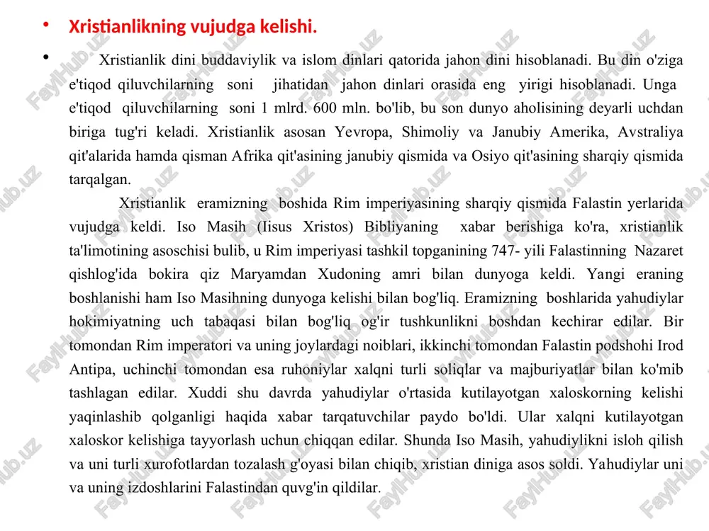 zi xudo bo'la turib, insoniyatning gunohlarini o'ziga olish uchun odam qiyofasida tug'ilganini, uning tarixiy shaxs ekanini ta'kidlab, uning hayot tarzini, insonlar bilan muloqoti haqidagi keng ma'lumotlarni bersada, diniy bo'lmagan manbalarda isoning nomi uchramaganligini nazarda tutib, u tarixiy emas, balki afsonaviy shaxsdir deguvchilar ham bor. iso nomiga qo'shiluvchi masih so'zi qadimiy yahudiy tili - ivritdagi "moshiax" so'zidan olingan bo'lib, "silangan" yoki "siylangan" ma'nolarini beradi. grekchada bu so'z "xristos" ("christos") shakliga ega. bu dinning "xristianlik" yoki "masihiylik" deb atalishi ham shu so'zlar bilan bog'liq. bundan tashqari xristianlik iso masihning tug'ilgan qishlog'i - "nazaret" bilan bog'lab, nazroniyya deb ham atalgan. keyinchalik bu nom nasroniyya, nasroniylik shaklini olgan. iso masih o'z ta'limotini o'zining 12 o'quvchisi apostollar - havoriylarga o'rgatdi. ular esa isoning vafotidan keyin ustozlarining ta'limotlarini har birlari alohida-alohida tarzda kitob shakliga keltirdilar. bu kitoblar bibliyaning "yangi ahd" qismini tashkil etadi. xristianlikta'limoti. manbalar xabar berishicha, xristianlik yahudiy muhitida yuzaga kelgan. bu esa xristianlikning yahudiylikdan …