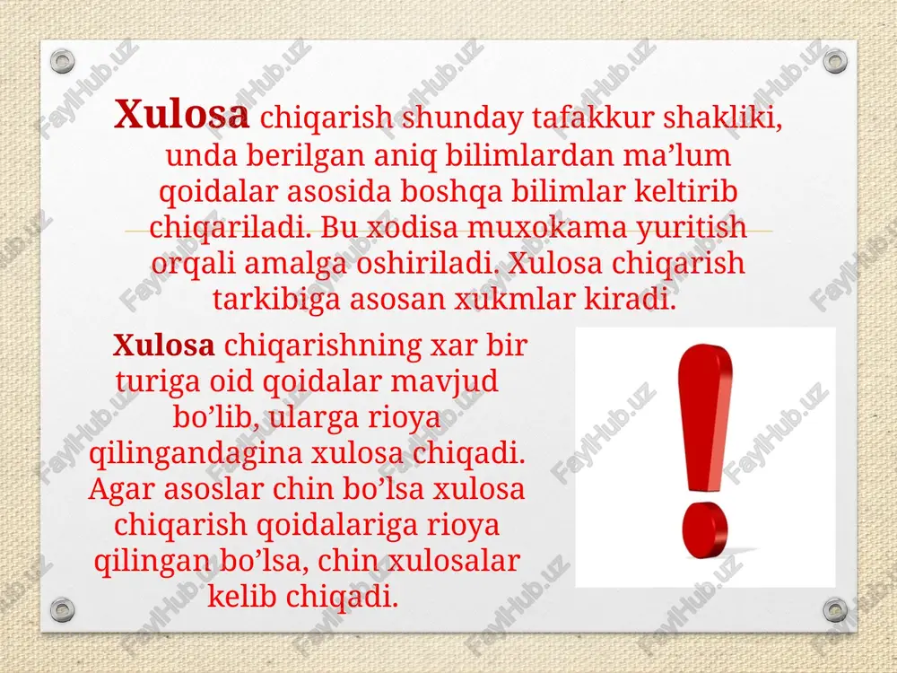 aqida fikr bayon qilinadi. deduktiv xulosa chiqarishning ko’p uchraydigan xili sillogistik xulosa chiqarish, boshqacha aytganda, sillogizmlardir. sillogizm – qo’shib xisoblash degan ma’noni anglatadi. asoslari va xulosasi oddiy qat’iy xukmlardan iborat bo’lgani uchun oddiy qat’iy sillogizm deyiladi. oddiy qat’iy sillogizm uchta xukmdan iborat bo’lib birinchisi katta asos, ikkinchisi kichik asos, uchinchi kelib chiqadigan xukm xulosa deyiladi. oddiy qat’iy sillogizm uchta termindan iborat bo’ladi: katta termin – sillogizmning predikati, kichik termin – sillogizmning sub’ekti va o’rta termin – kata va kichik terminni bog’lab turadigan termindir. katta termin birinchi xukmning tarkibiga kirgani uchun u katta asos deyiladi. kichik termin ikkinchi xukmning tarkibiga kirgani uchun u kichik asos deyiladi. induktiv xulosa chiqarish induktiv xulosa chiqarish bevosita xulosa chiqarish qatoriga kiradi. induktiv xulosa chiqarish yordamida predmetlar va xodisalarning turli xususiyatlari o’rganiladi, ularning umumiy tomonlari haqida xulosa chiqariladi. induktsiyaning asosini yakkalik, xususiylik va umumiylikning uzviy aloqasi tashkil etadi. uning asosiy xususiyati shundan iboratki, induktsiya xodisalarni birma-bir …