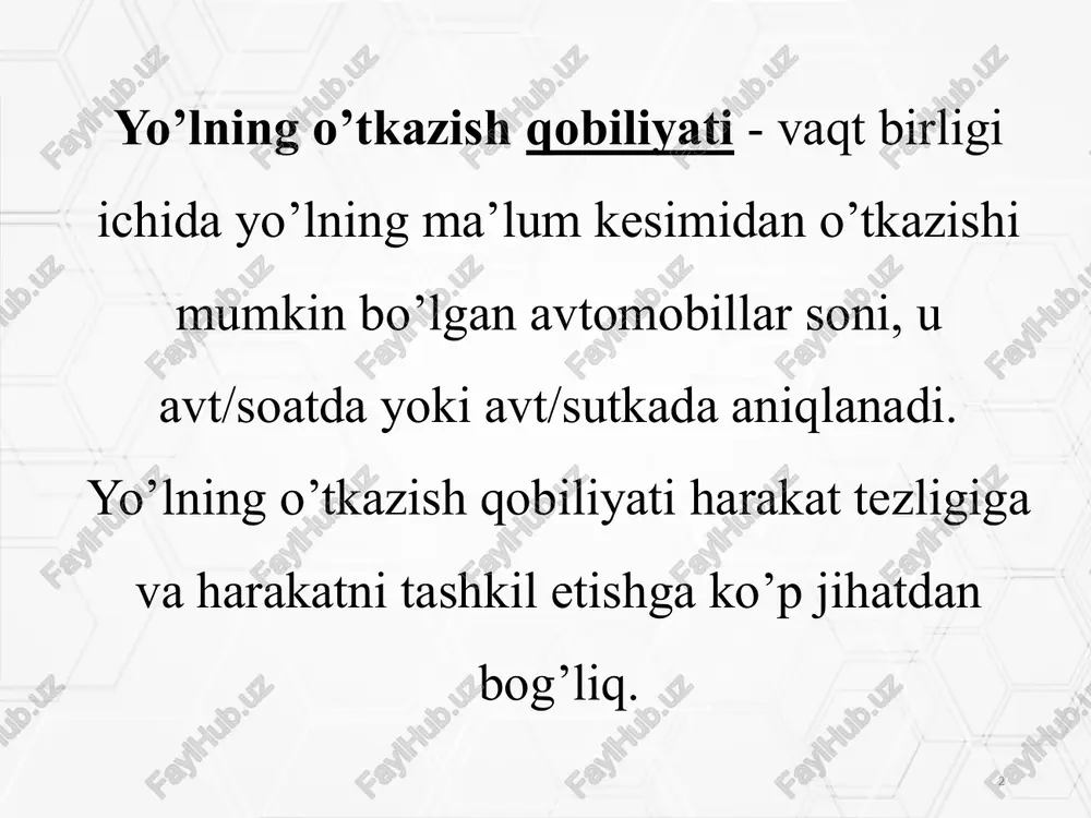 yoki ulushda o’lchanadi. bu ko’rsatkich transport oqimining tezligiga va zichligiga katta ta’sir ko’rsatadi. kuzatish (viziual ham deyiladi) usulida harakat miqdori yo’lning ko’rsatilgan bo’lagida bir yoki bir necha soat davomida hisobchilar yordamida maxsus tayyorlangan blankaga transport vositalarining o’tishini belgilash orqali aniqlanadi. avtomatik usulda harakat miqdori har xil uslubda ishlaydigan datchiklar yordamida hisoblanadi. harakat miqdori (jadalligi) – yo’lning biron bir ko’ndalang kesimidan vaqt birligi ichida o’tgan transport vositalarining soni (avt/sut yoki avt/soat) - bu ko’rsatkich kuzatish va avtomatik usullar bilan o’lchanishi mumkin. 8 ushbu mustaqil ishda transport vositalarining harakat miqdorini va tarkibini ko‘z bilan ko‘rib kuzatish (vizual) usulidan foydalanib aniqlaymiz. ko‘z bilan ko‘rib harakat miqdorini hisoblash usuli quyidagi tartibda amalga oshiriladi. tanlangan yo’l: farg’ona yo’li buning uchun shahar yo‘li bo‘lagida kuzatuv olib borish orqali o‘tayotgan transport vositalarining sonini va turini aniqlaymiz va ma’lumotlarni 2-jadvalga qayd qiladilar. 9 yo‘l va ko‘chaning nomi: farg‘ona yo‘li hisobga olish kuni: 04.11.2022 y. haftaning kuni juma harakatning …