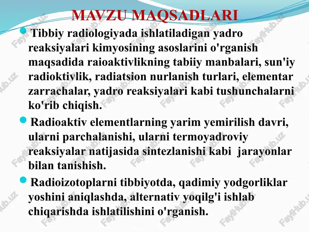 sil bo'ladi. agar shu ionlantiruvchi nurlanish odam tanasi orqali o'tsa, u suv molekulalari bilan ta'sirlashib, elektronini siqib chiqaradi va h2o+ zarrachalari hosil bo'ladi va bu o'z navbatida keraksiz kimyoviy jarayonlar sodir bo'lishiga olib keladi. radiatsiyaning har xil turi turli hil masofada ta'sir ko'rsatadi yadro reaksiyalari radiatsiyani aniqlash va o’lchash radiatsiya mahsus schyotchiklar yordamida aniqlanadi va o'lchanadi. namunaning radioaktivligi bir sekundda amalga oshgan yemirilishlar soni bilan aniqlanadi. o'lchash birligi sifatida bir sekundda 1 gramm radiyning yemirilish soni hisoblab topilgan va u radiy va poloniyni ochgan olimlar mariya kyuri va pyer kyurilar nomiga kyuri (ku) deb nomlangan. 1 kyuri 1 sekundda 3,7. 1010 marta yemirilish soniga tengdir. radioaktivlikning si sistemasidagi o'lchov birligi bekkerel (bk) deb nomlanadi va 1 sekundda 1 ta yemirilishga tengdir. adsorbsiyalangan radiatsiya miqdorini rad deb ham nomlashadi. u 1 gramm material, masalan odam tanasining to'qimalari tomonidan yutilgan radiatsiya miqdoriga teng. si sistemasida radietsiya greylarda o’lchanadi (gy).bu o'lchov birligi 1 …