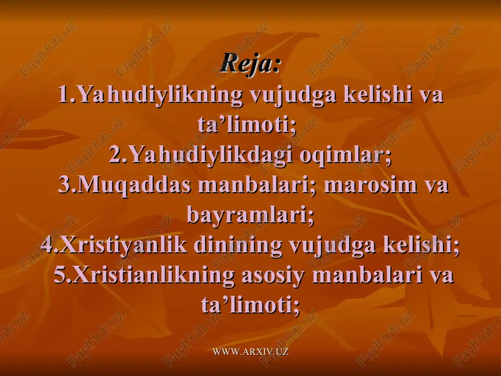 xudo uchun bag‘ishlash; ota-onani hurmat qilish; nohaq odam o‘ldirmaslik; zino qilmaslik; o‘g‘irlik qilmaslik; ¨lg‘on guvohlik bermaslik; yaqinlarning narsalariga ko‘z olaytirmaslik. www.arxiv.uz www.arxiv.uz www.arxiv.uz yahudiylikdagi oqimlar saduqiylar farziylar yesseylar zamonaviy oqiml sionizm www.arxiv.uz yahudiylikdagi oqimlar. yahudiylikdagi oqimlar haqida so’z yuritganda ularni qadimiy oqimlar va zamonaviy oqimlarga bo’lish kerak. qadimiy oqimlarga saduqiylar, farziylar, yesseylar kiradi. zamonaviy oqimlarga esa sionizm kiradi. saduqiy nomi podshoh dovud payg’ambar davrida yashagan ruhoniy saduq ismi bilan bog’liq. ko’plab mansabdor ruhoniylar saduqiy bo’lganlar. ular diniy ishlarda faqat qonun (musoning besh kitobi)ni tan olganlar. qonunda ruhoniylar, qurbonliklar, ibodatlar haqida so’z boradi, lekin oxirat va qiyomat haqida hech narsa deyilmagan. shuning uchun saduqiylar qiyomatda o’lganlarning qayta tirilishiga ishonmaydilar. www.arxiv.uz www.arxiv.uz farziy nomi qadimiy yahudiy tilidagi «tushuntirish», «ajratib ko’rsatish» so’zidan olingan bo’lib, ular musoning qonunini sharhlaganlar va oddiy odamlarga o’rgatganlar. farziylar muso zamonidan beri og’zaki an’ana davom etib kelyapti deb hisoblaydilar. ular har bir avlod o’z ehtiyojlarini qondirish uchun qonunni sharhlay …