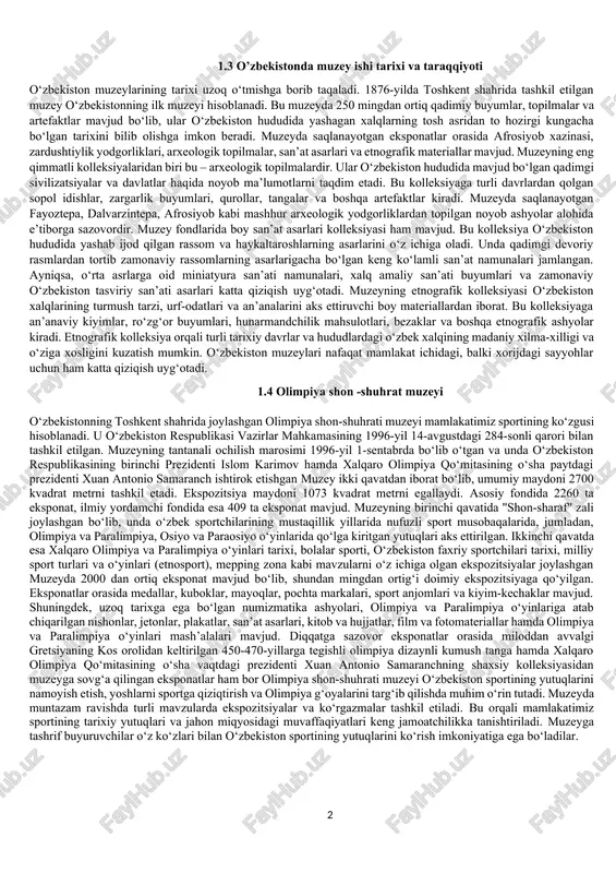 avlodlarga yetkazuvchi tarixiy ko‘zgulardir. 1.2 dastlabki muzeylarning tashkil etilishi dastlabki muzeylarning tarixi qadimiy davrlarga borib taqaladi va ularning asosiy ildizlari qadimgi yunonistonda paydo bo‘lgan. yunonlar qadimiy tsivilizatsiyalar orasida birinchi bo‘lib san’at asarlarini, ilmiy kashfiyotlarni, tarixiy yodgorliklarni yig‘ish va saqlashga e’tibor qaratishgan. ular “mouseion” so‘zidan kelib chiqqan bo‘lib, bu so‘z “san’at va fan ilohiyoti” bo‘lgan musalarga bag‘ishlangan joy degan ma’noni anglatadi. dastlabki mouseionlar — ilmiy va madaniy markazlar sifatida tashkil etilgan. eng mashhuri — qadimgi yunonistondagi aleksandriya shahrida miloddan avvalgi 3-asrda tashkil topgan “aleksandriya mouseioni” bo‘lib, u yerda olimlar ilmiy tadqiqotlar olib borgan, yirik kutubxona va san’at asarlari to‘plangan. bu muzeylar ilm-fan va madaniyat markazi sifatida katta ahamiyatga ega bo‘lgan.bundan tashqari, qadimgi misrda ham ma’lum darajada muzeylarga o‘xshash kolleksiyalar mavjud bo‘lgan. fir’avnlar va yuqori tabaqadagi amaldorlar o‘zlarining diniy va madaniy artefaktlarini maxsus joylarda saqlaganlar. shuningdek, rim imperiyasida ham hukmdorlar va boy aristokratlar o‘z kolleksiyalarini jamlab, ularni ziyoratchilarga ko‘rsatishgan. bu yerda ham …