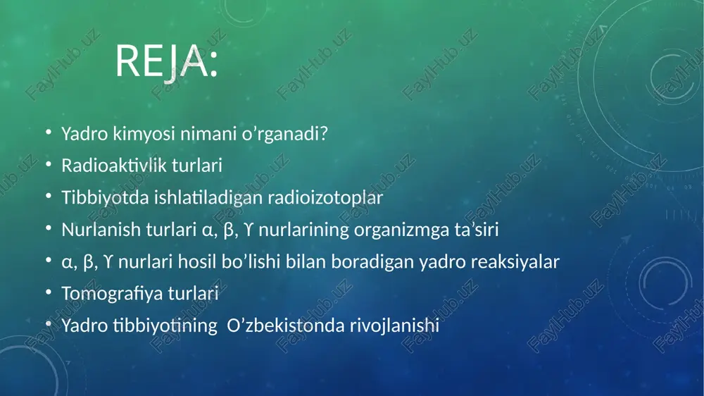 a u radiy va poloniyni ochgan olimlar mariya kyuri va pyer kyurilar nomiga kyuri (ku) deb nomlangan. 1 kyuri 1 sekundda 3,7. 1010 marta yemirilish soniga tengdir. radioaktivlikning si sistemasidagi o'lchov birligi bekkerel (bk) deb nomlanadi va 1 sekundda 1 ta yemirilishga tengdir. adsorbsiyalangan radiatsiya miqdorini rad deb ham nomlashadi. u 1 gramm material, masalan odam tanasining to'qimalari tomonidan yutilgan radiatsiya miqdoriga teng. si sistemasida radietsiya greylarda o’lchanadi (gy).bu o'lchov birligi 1 kg tana to'qimalari yutgan jouldagi energiya miqdoroni bildiradi.1 grey 100 radga teng. radiatsiyaning miqdori geyger schyotchiki yordamida o'lchanadi radioaktivlikni organizmga ta'siri. nur kasalligi butun tananing 100 ber bilan nurlanishi oq qon tanachalarining ishlab chiqarilishini vaqtinchalik kamaytirib yuboradi. agarda nurlanish darajasi 100 berdan yuqori bo'lsa, odamda nurlanish kasalliklari belgilari: ko'ngil aynish, qusish, holsizlik va oq qon tanachalarining soni kamayishi kuzatiladi. tanadagi nurlanish 300 berdan oshib ketsa leykotsitlar miqdori nolga tushib ketishi ham mumkin. bunda odam ich ketishi, soch to'kilishi …