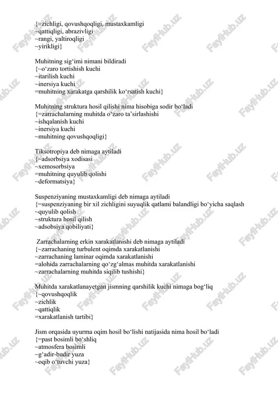 obsiya qobiliyati} zarrachalarning erkin xarakatlanishi deb nimaga aytiladi {~zarrachaning turbulent oqimda xarakatlanishi ~zarrachaning laminar oqimda xarakatlanishi =alohida zarrachalarning qo‘zg‘almas muhitda xarakatlanishi ~zarrachalarning muhitda siqilib tushishi} muhitda xarakatlanayetgan jismning qarshilik kuchi nimaga bog‘liq {~qovushqoqlik ~zichlik ~qattiqlik =xarakatlanish tartibi} jism orqasida uyurma oqim hosil bo‘lishi natijasida nima hosil bo‘ladi {=past bosimli bo‘shliq ~atmosfera bosimli ~g‘adir-budir yuza ~oqib o‘tuvchi yuza} cho‘ktirish deb nimaga aytiladi {~mahsulotni ikkiga ajratish ~qattiqlikka qarab ajratish =mineral zarrachalarni tebranuvchi suv oqimi yordamida ajratish ~mineral zarrachalarni bosim ostida ajratish} gidravlik cho‘ktirish mashinalaridla tebranuvchi suv oqimi qanday hosil qilinadi {~maxsus pulsatorlar ~nasos =porshen yoki diafragma yordamida ~prujina} pnevmatik cho‘ktirish mashinalarida tebranuvchi suv oqimi qanday hosil qilinadi {~porshen ~diafragma ~siqilgan havo =maxsus pulsatorlar} sun’iy o‘rindiq sifatida qanday material ishlshatiladi {~boyitiluvchi rudaning yirik bo‘laklari =biron-bir og‘ir mineral ~metal zoldirlar ~yengil minerallar} tabiiy o‘rindiq sifatida qanday material ishlatiladi {=boyitiluvchi rudaning yirik bo‘laklari ~biron-bir og‘ir mineral ~metal zoldirlar ~yengil minerallar} og‘ir suyuqliklarda boyitishda yengil minerallar …